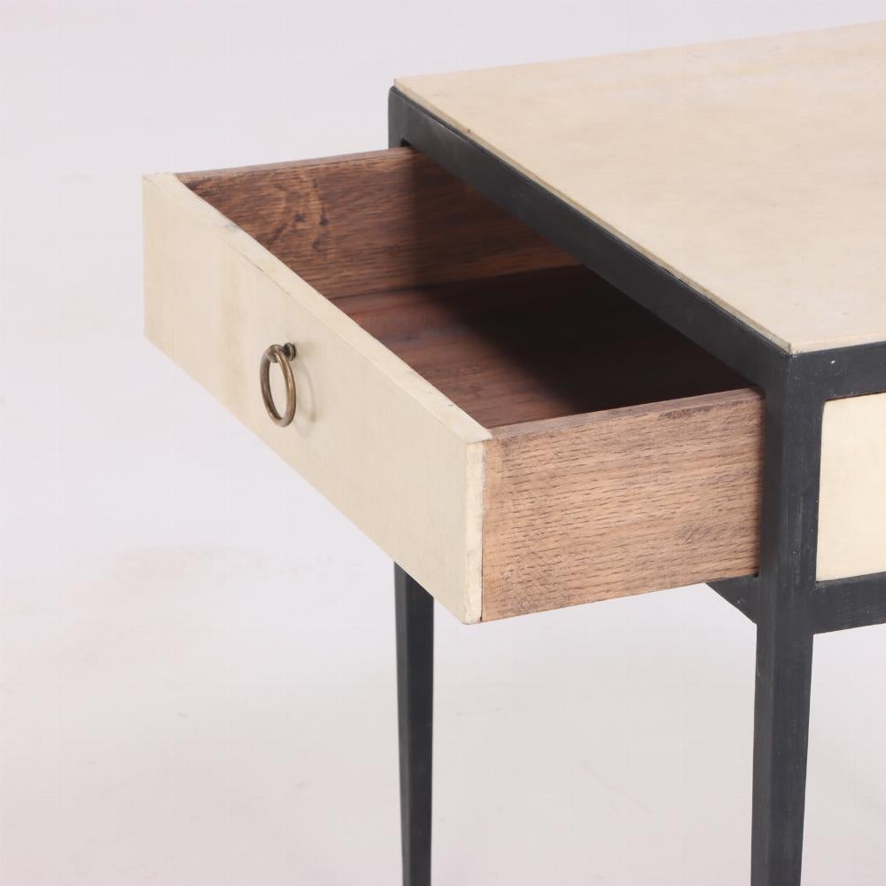 Each with a painted oak and parchment single drawer having bronze ring form hardware supported within an iron framework with square tapering legs. Perfect additions to flank your sofa or bed!