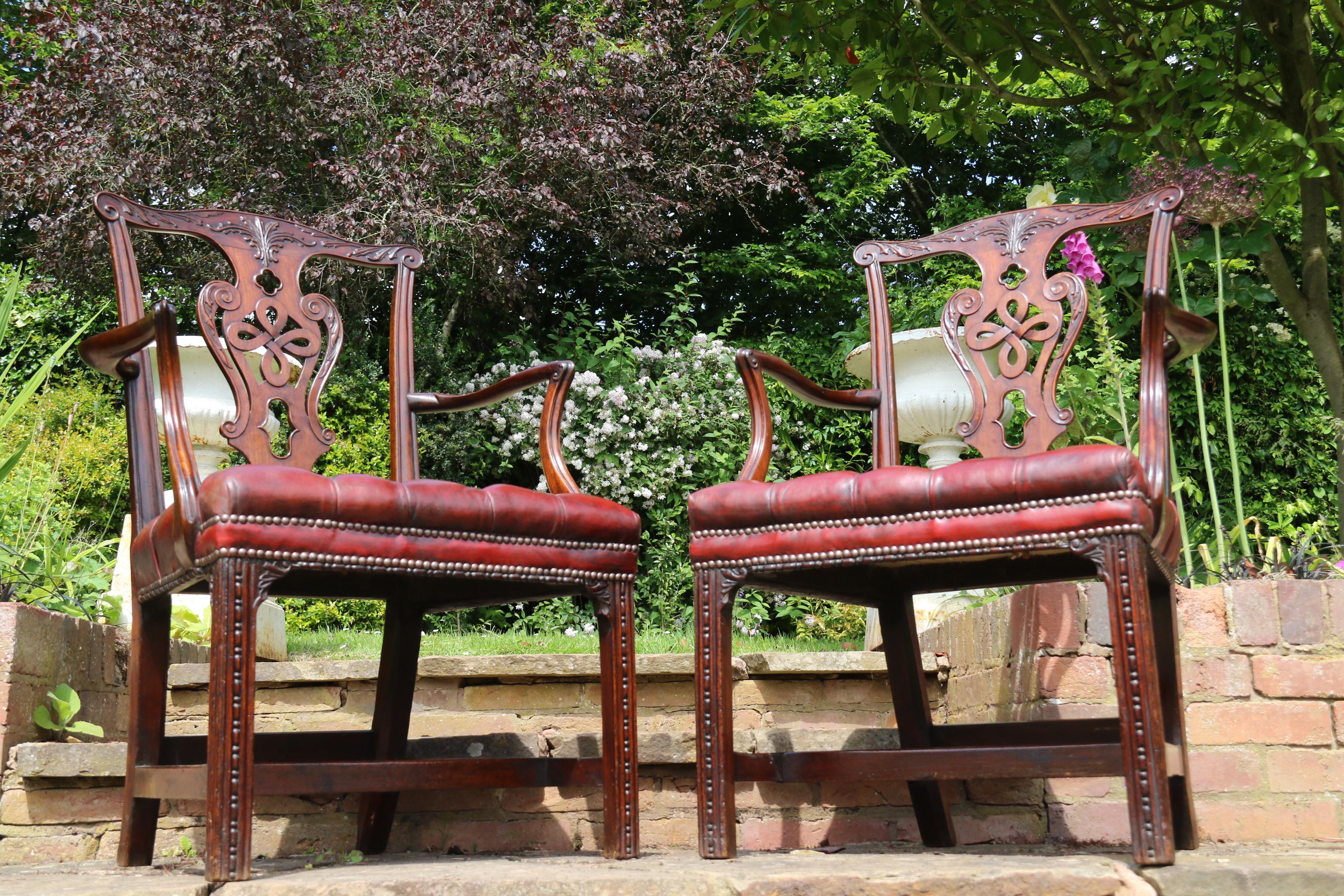 Hand-Carved A pair of English 18th  century Chippendale period George III armchairs. rare For Sale
