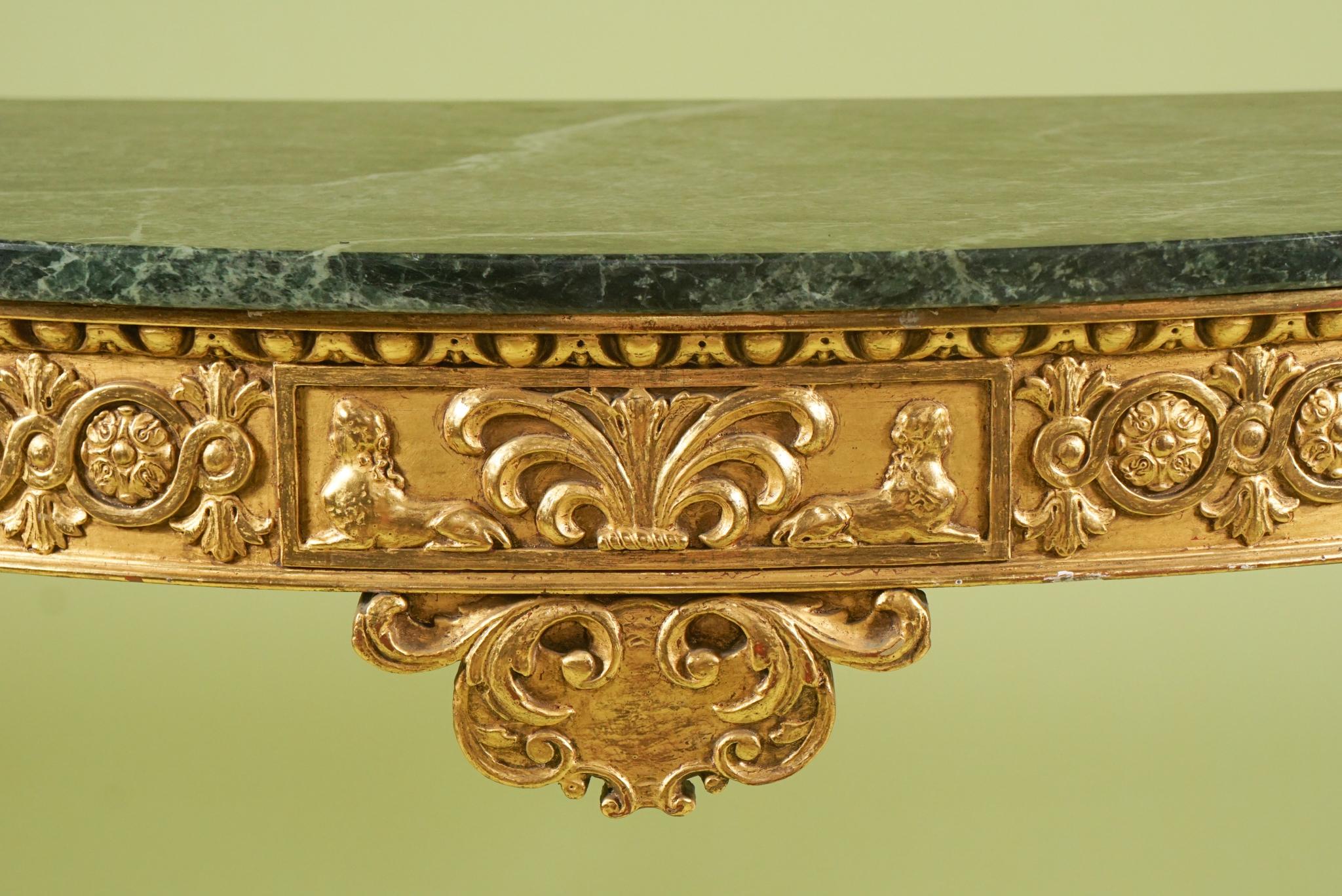 This pair of fine old gilt consoles where made in England circa 1850. While not of the period they are only but 30 years out of the period and exhibit many of the important details one would expect of Georgian furniture. Crafted in pine that has