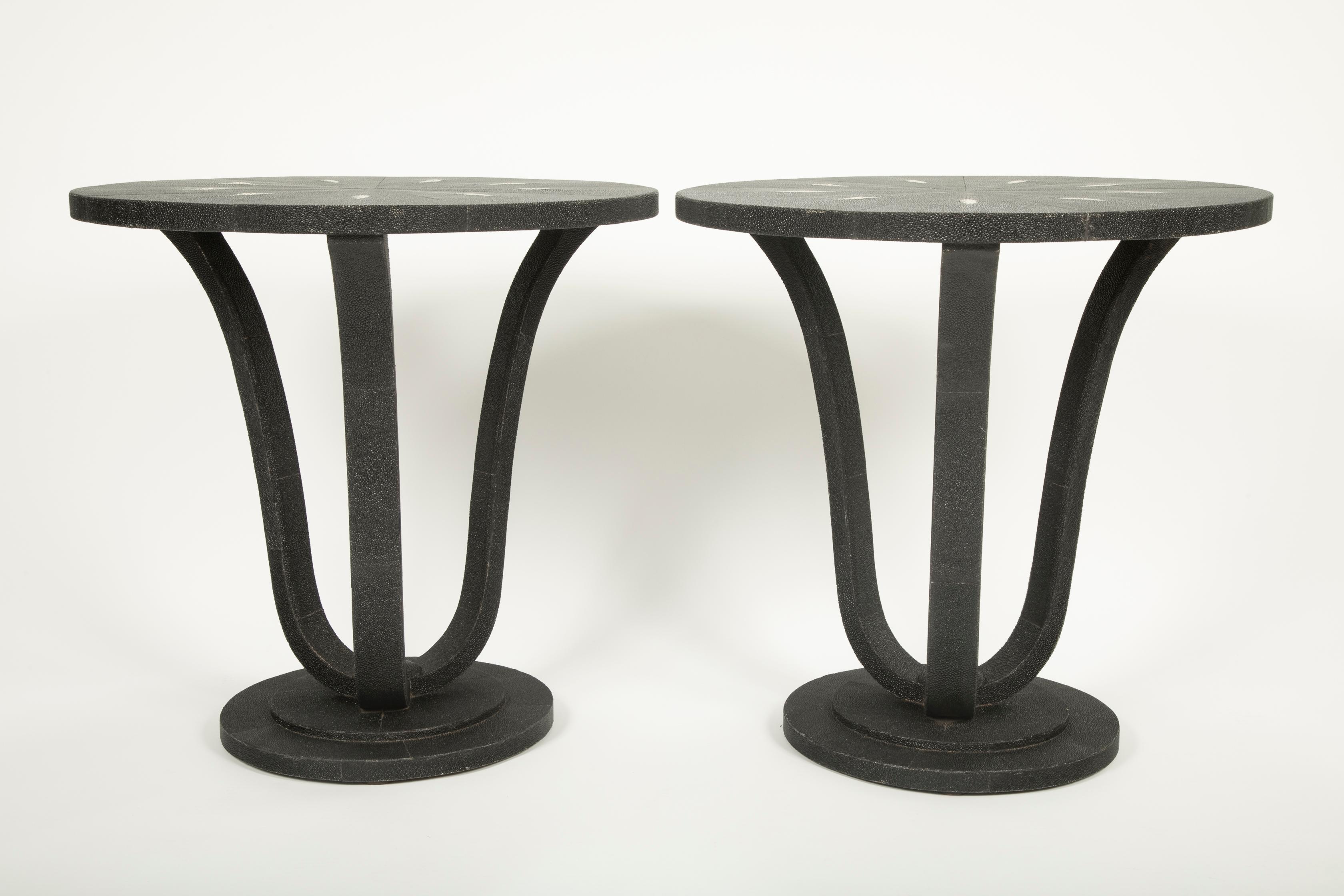 A striking pair of English of Shagreen covered end tables. Produced by Lamberty Bespoke furniture, circa 1990s. Sold individually.