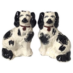 Antique Pair of English Black & White Spaniels, Mid 19th Century