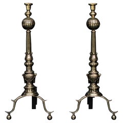 Pair of English Brass Andirons with Gadrooned Finials