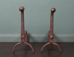 A Pair of English Early 18th Century Wrought Iron Fireplace Fire Dogs Andirons