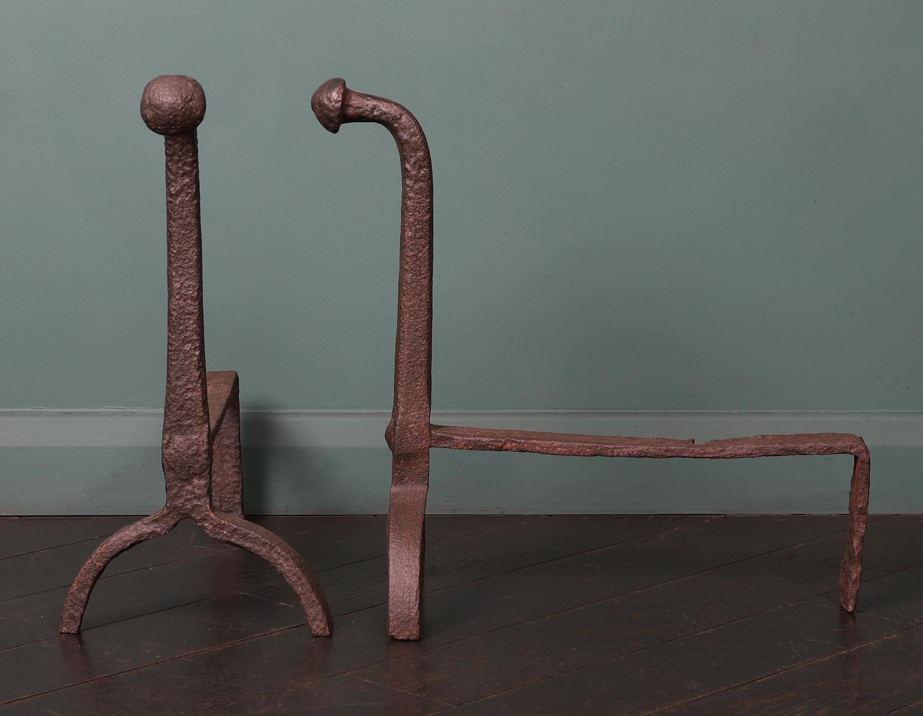 Georgian A Pair of English Early 18th Century Wrought Iron Fireplace Fire Dogs Andirons