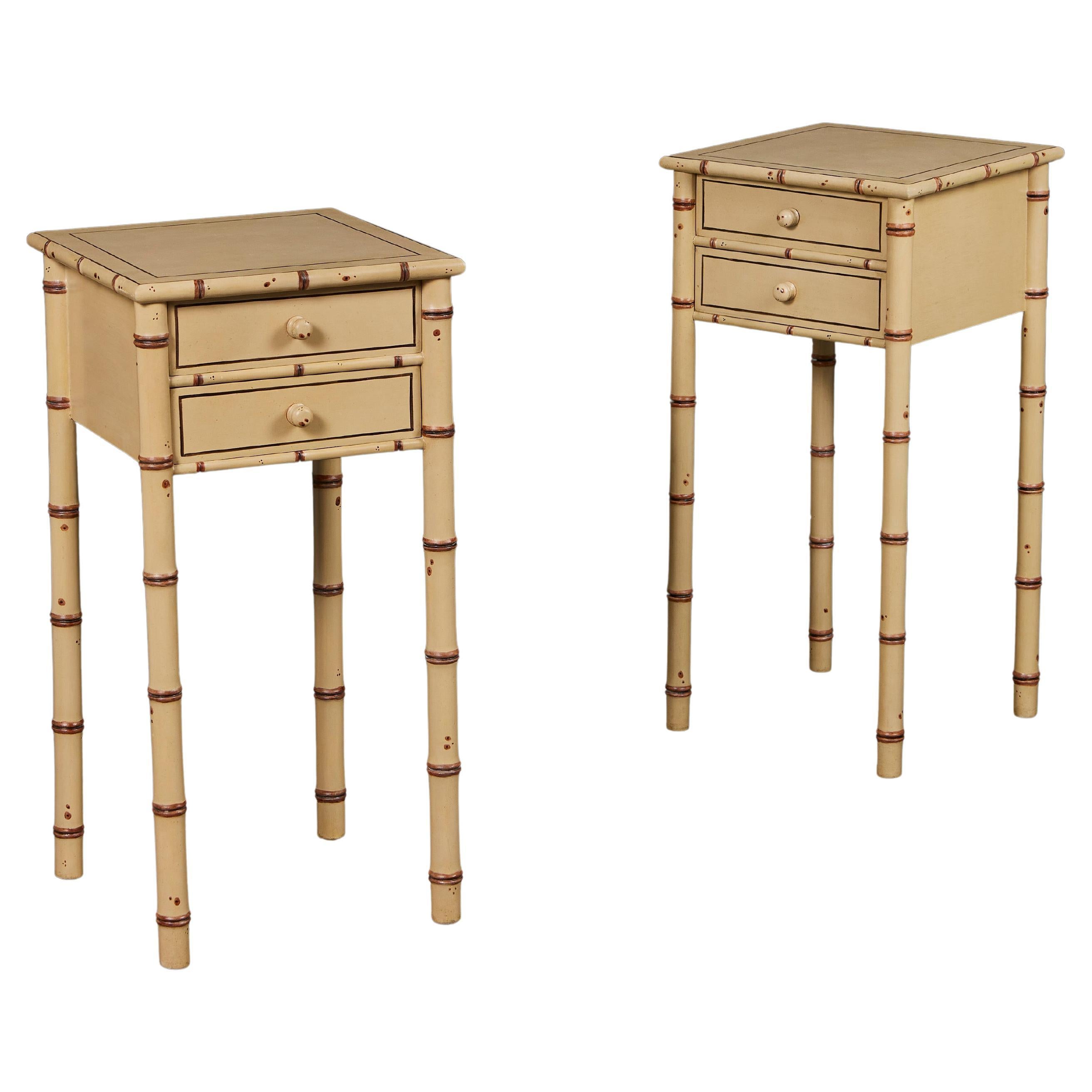 A Pair of English Edwardian Faux Bamboo Painted Bedside Tables For Sale