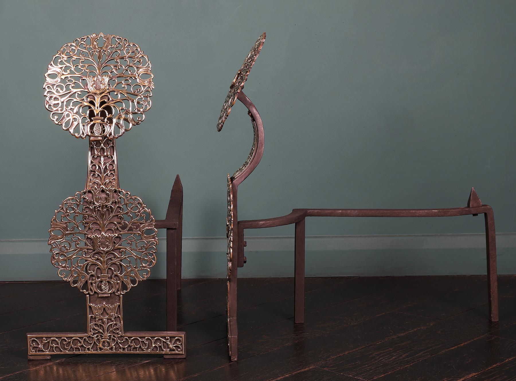 Arts and Crafts A Pair of English Foliated Brass Fireplace Andirons For Sale