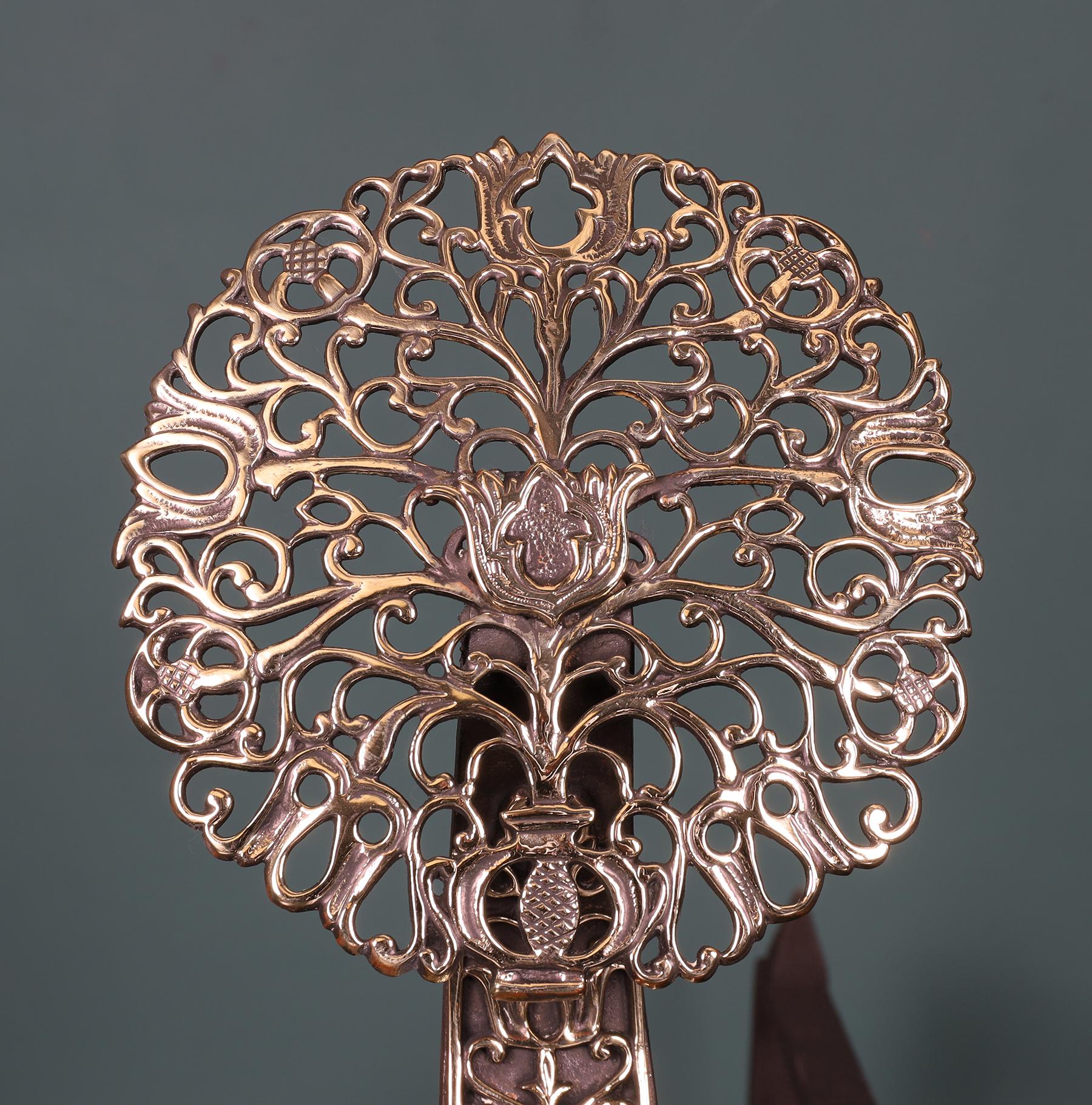 Polished A Pair of English Foliated Brass Fireplace Andirons For Sale