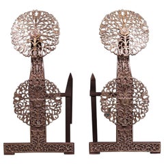 A Pair of English Foliated Brass Fireplace Andirons