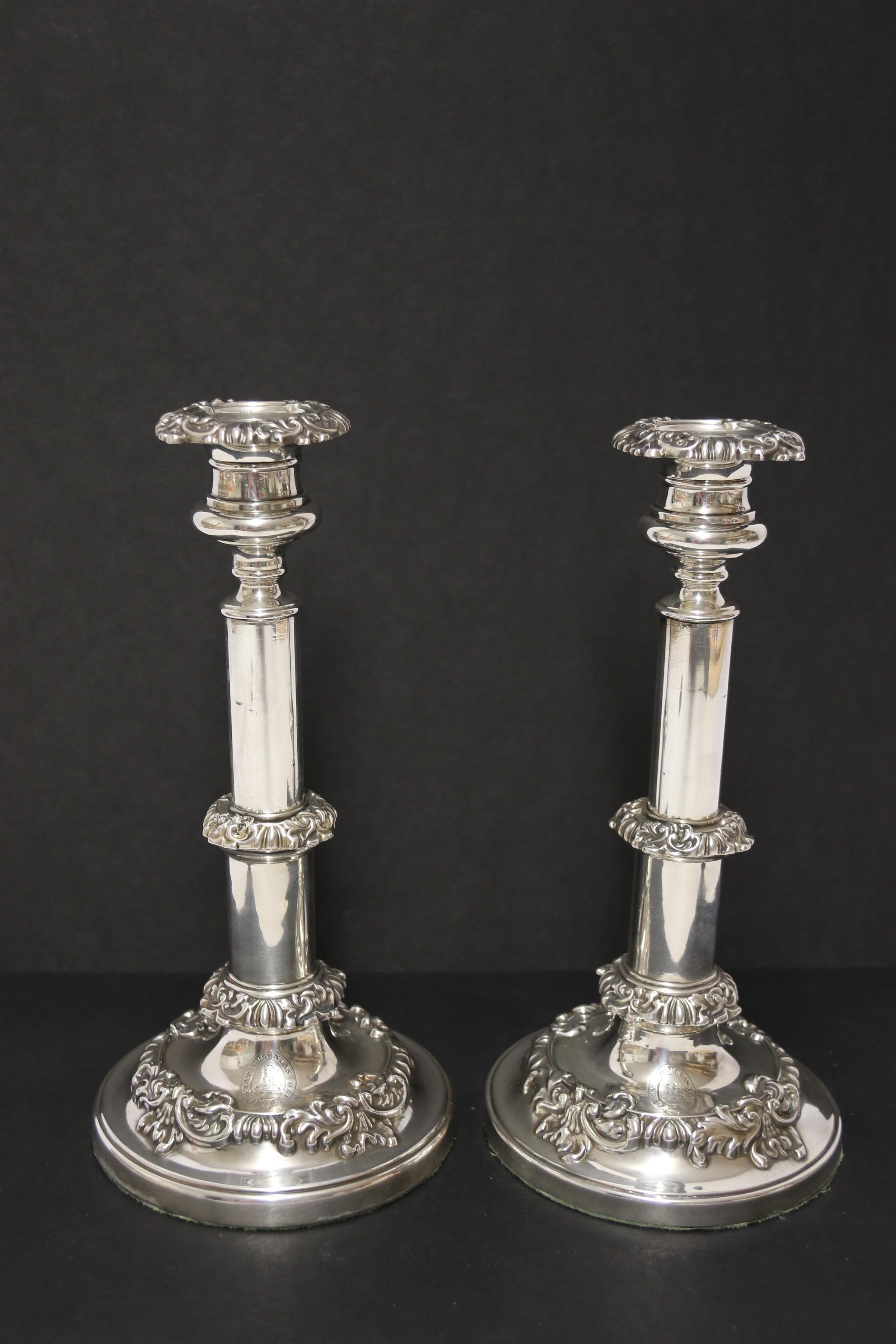 This superb pair of English hallmarked silver telescopic candlesticks were hallmarked in Sheffield one 1815 – 16 and the other 1816 – 17.  Undoubtedly both were made in 1816 by silversmiths John and Thomas Settle 1814 – 1825.  They were noted as
