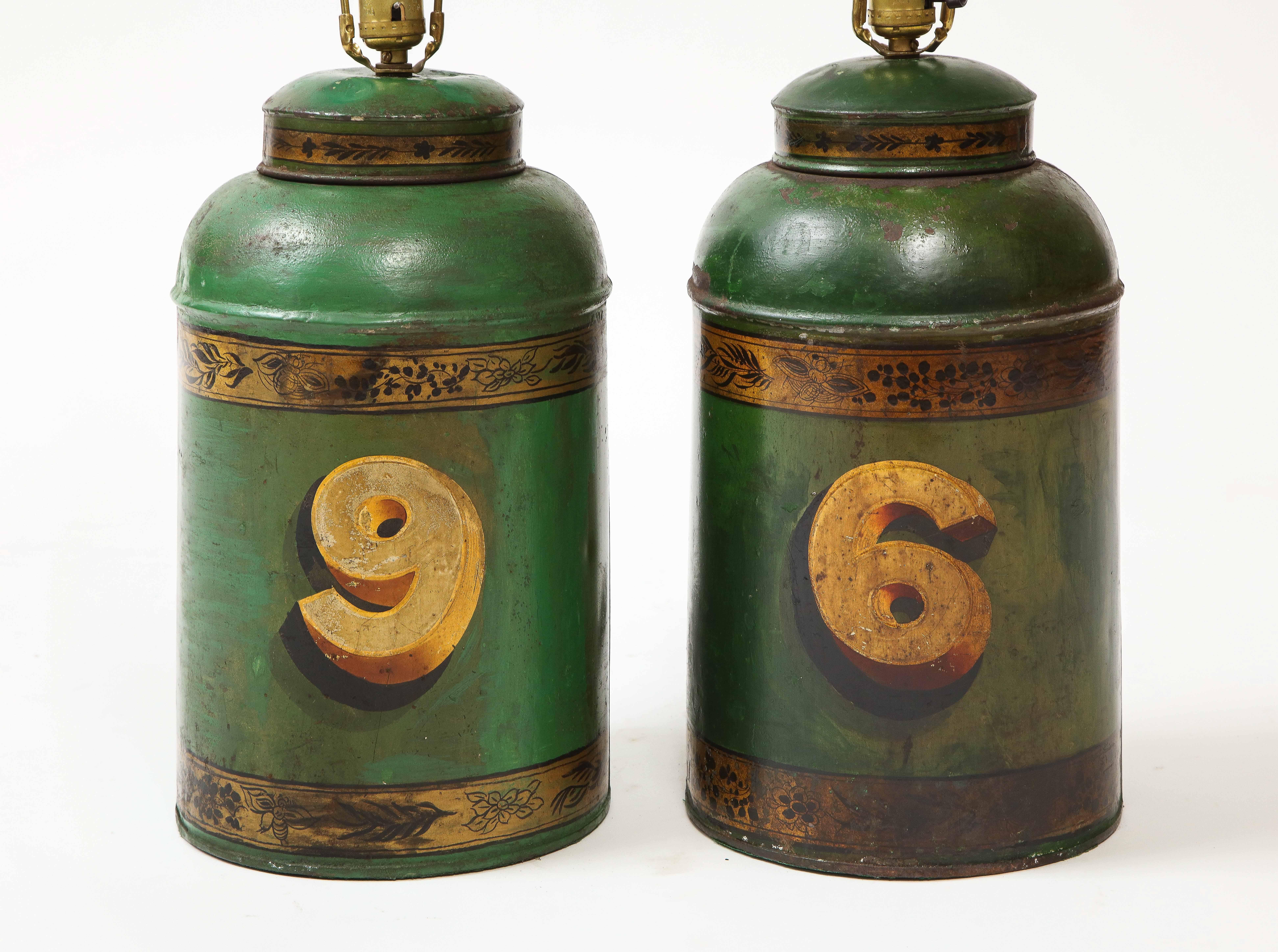 Chinoiserie Pair of English Green and Gilt Tôle Tea Canister Lamps