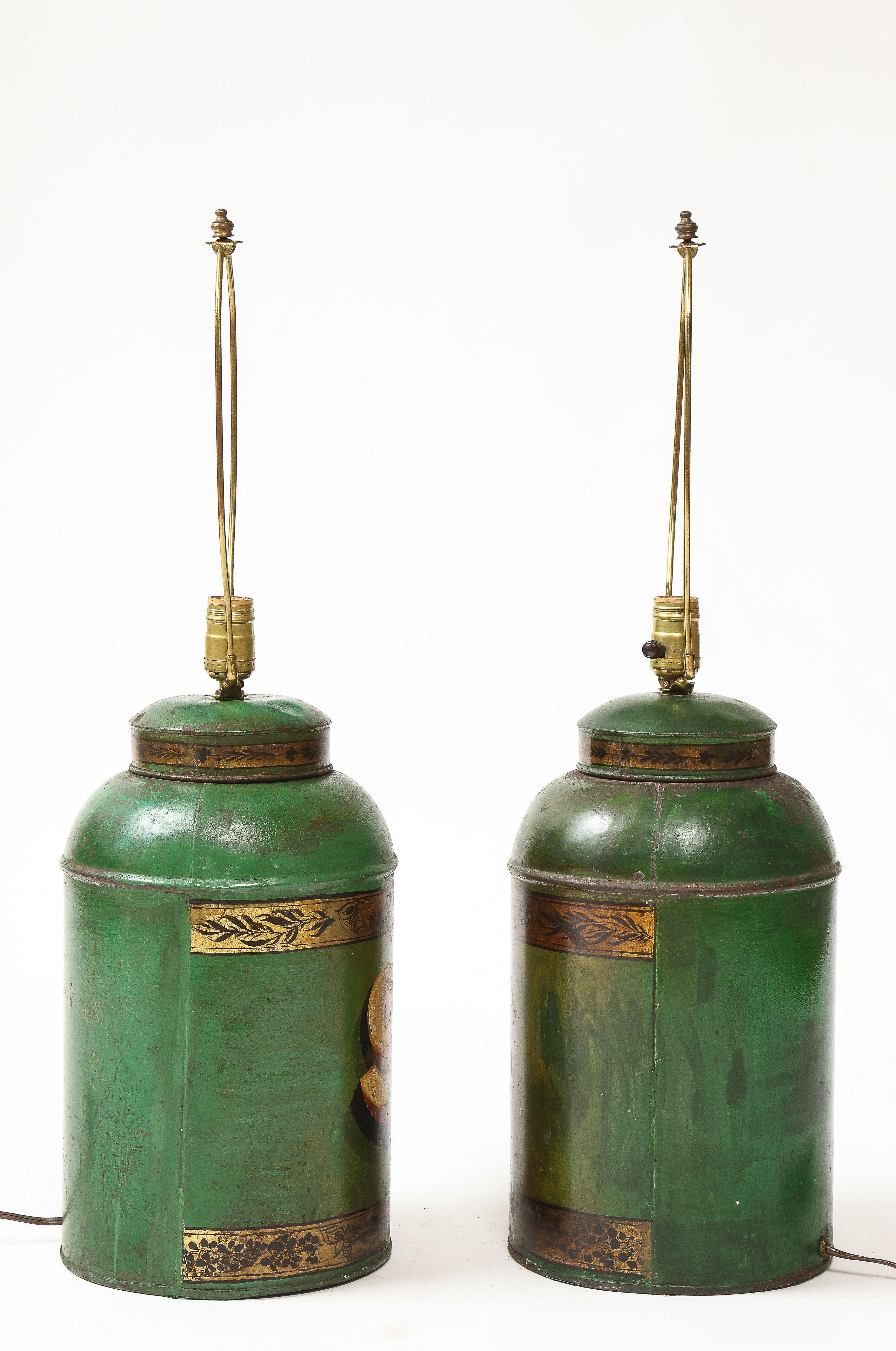 Hand-Painted Pair of English Green and Gilt Tôle Tea Canister Lamps