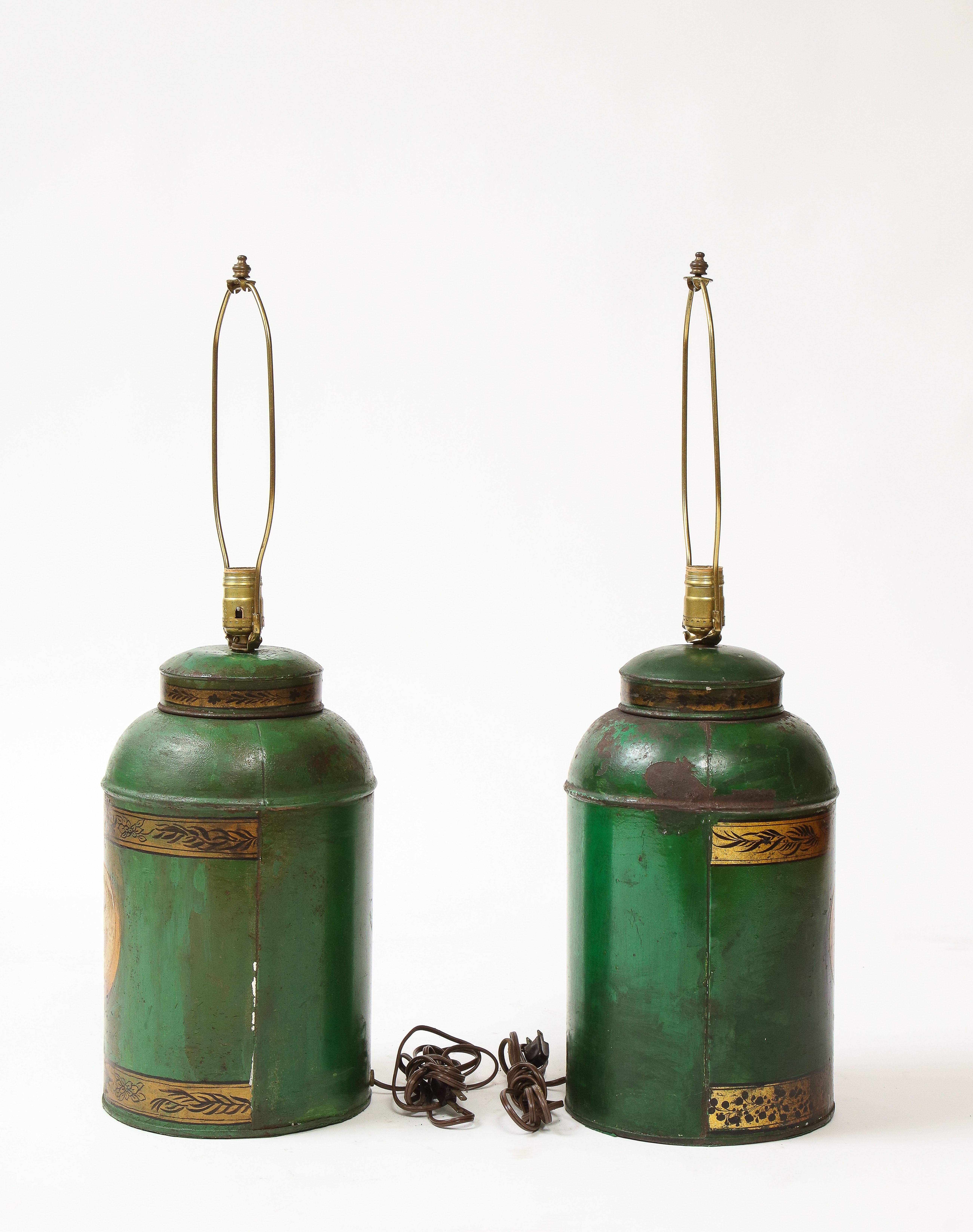19th Century Pair of English Green and Gilt Tôle Tea Canister Lamps