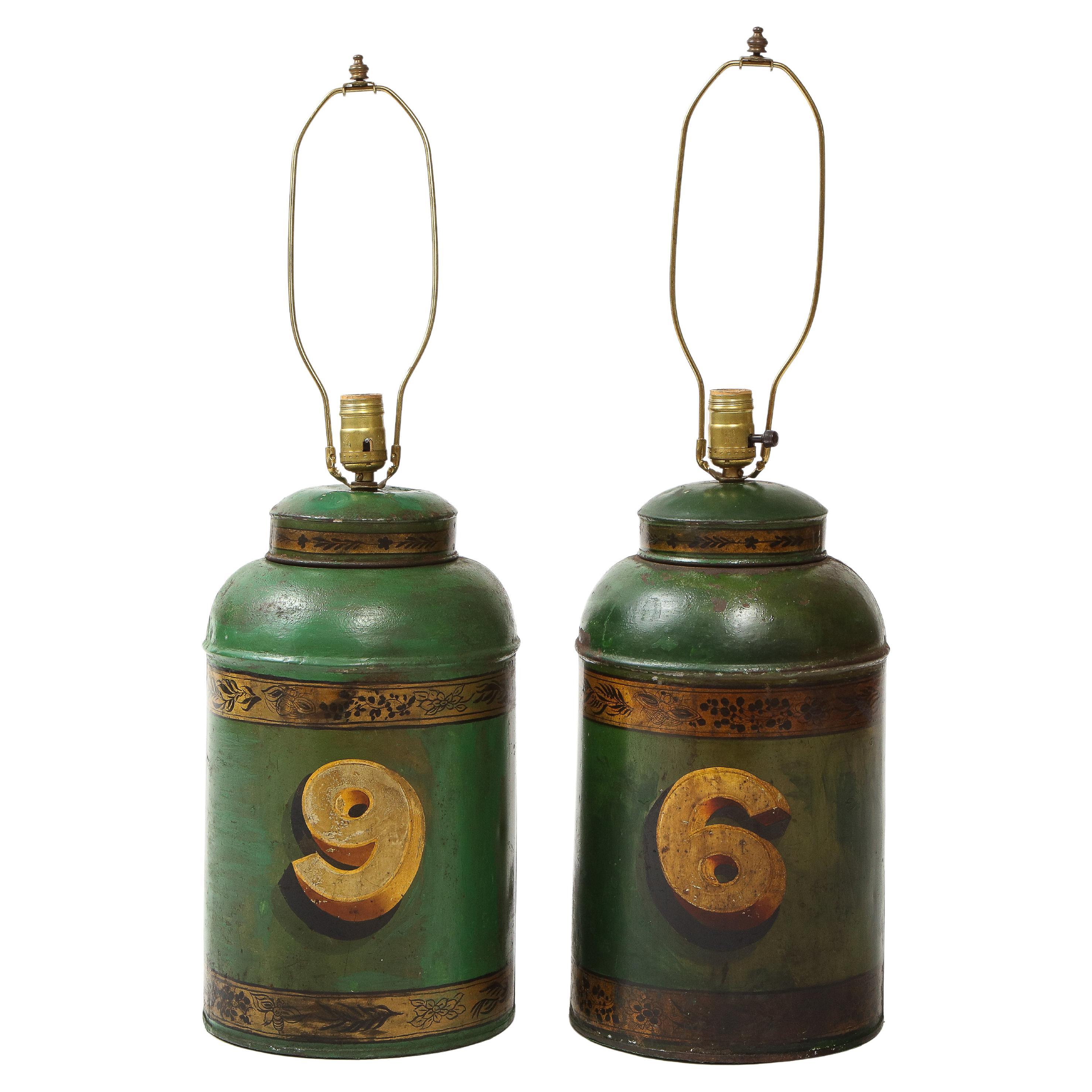 Pair of English Green and Gilt Tôle Tea Canister Lamps