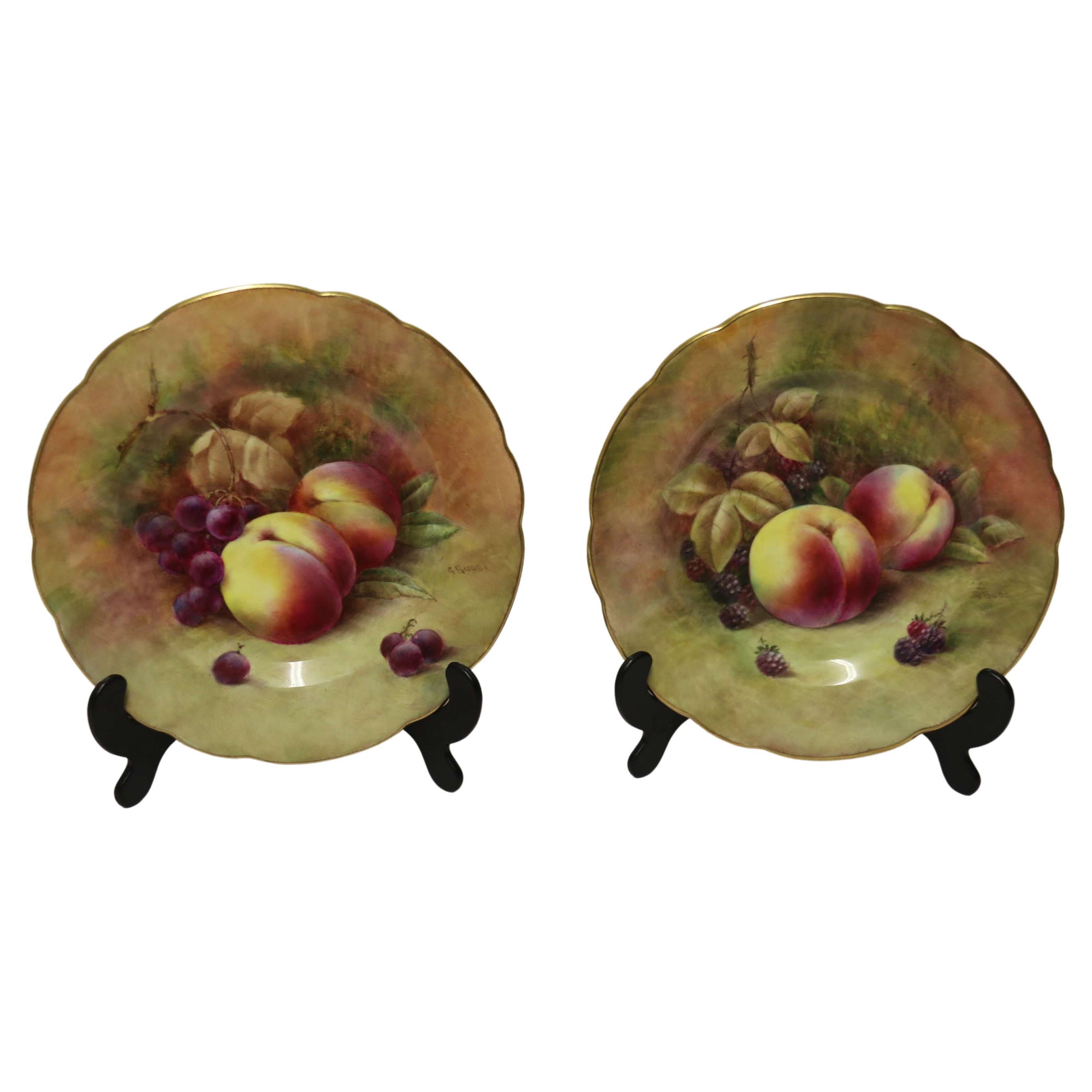 A Pair of English hand painted fruit plates by R Budd Worcester For Sale