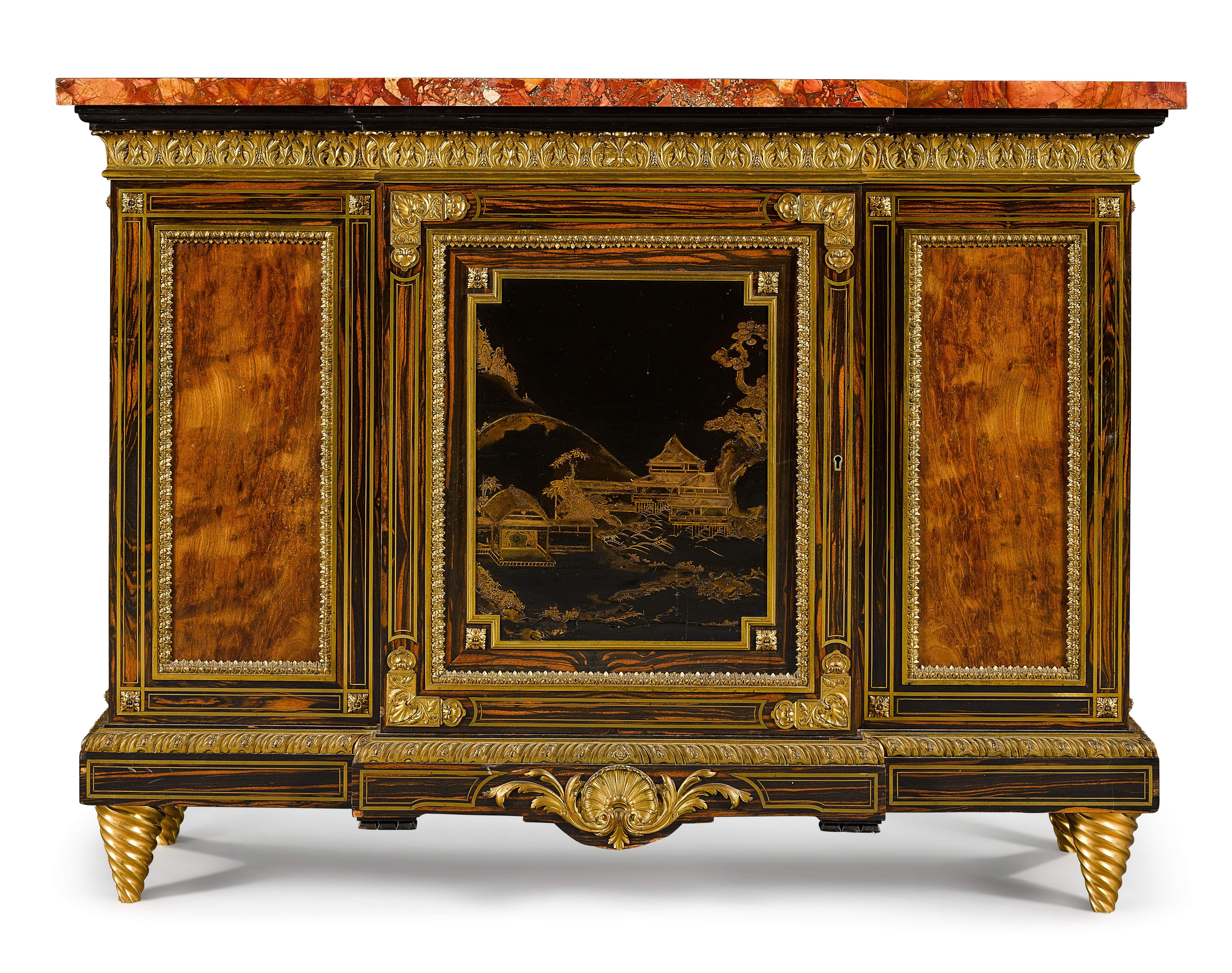 Ormolu Pair of English Louis XIV Style Breakfront Side Cabinets Attributed to Gillows For Sale