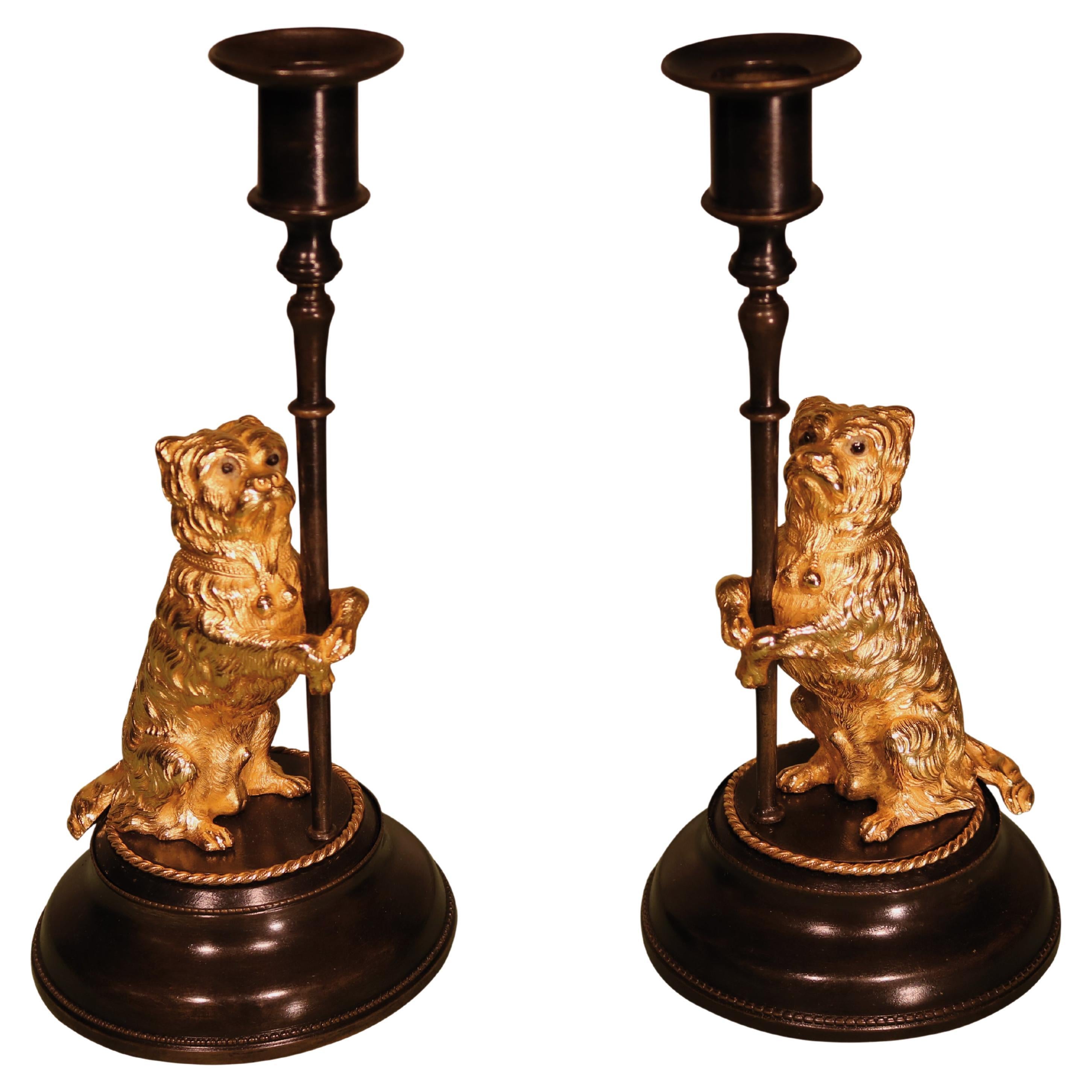Pair of English Mid 19th Century Bronze and Ormolu Candlesticks For Sale