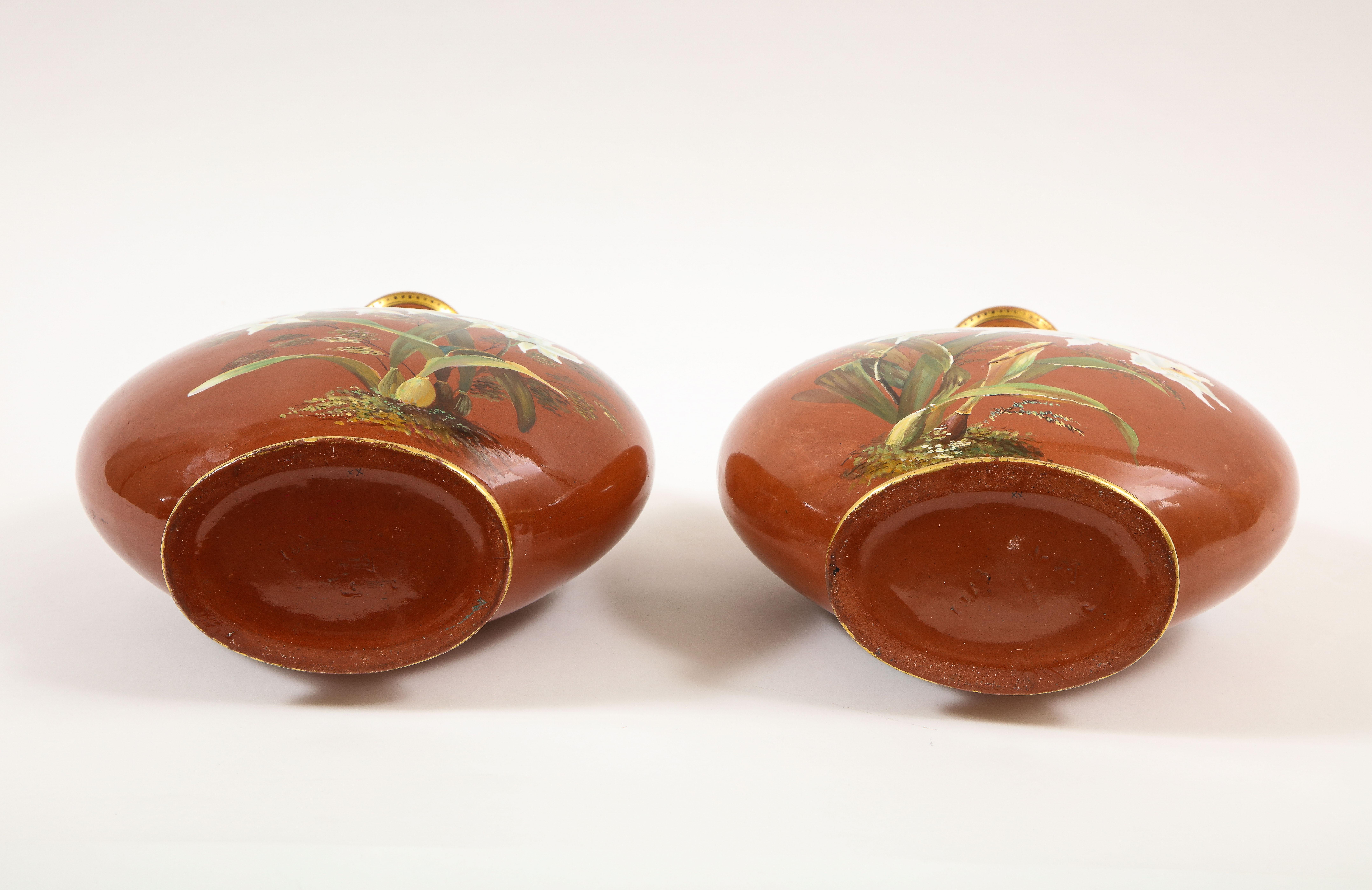 Pair of English Mintons Coral Ground Floral Motif Moon Flasks with Gilding For Sale 9
