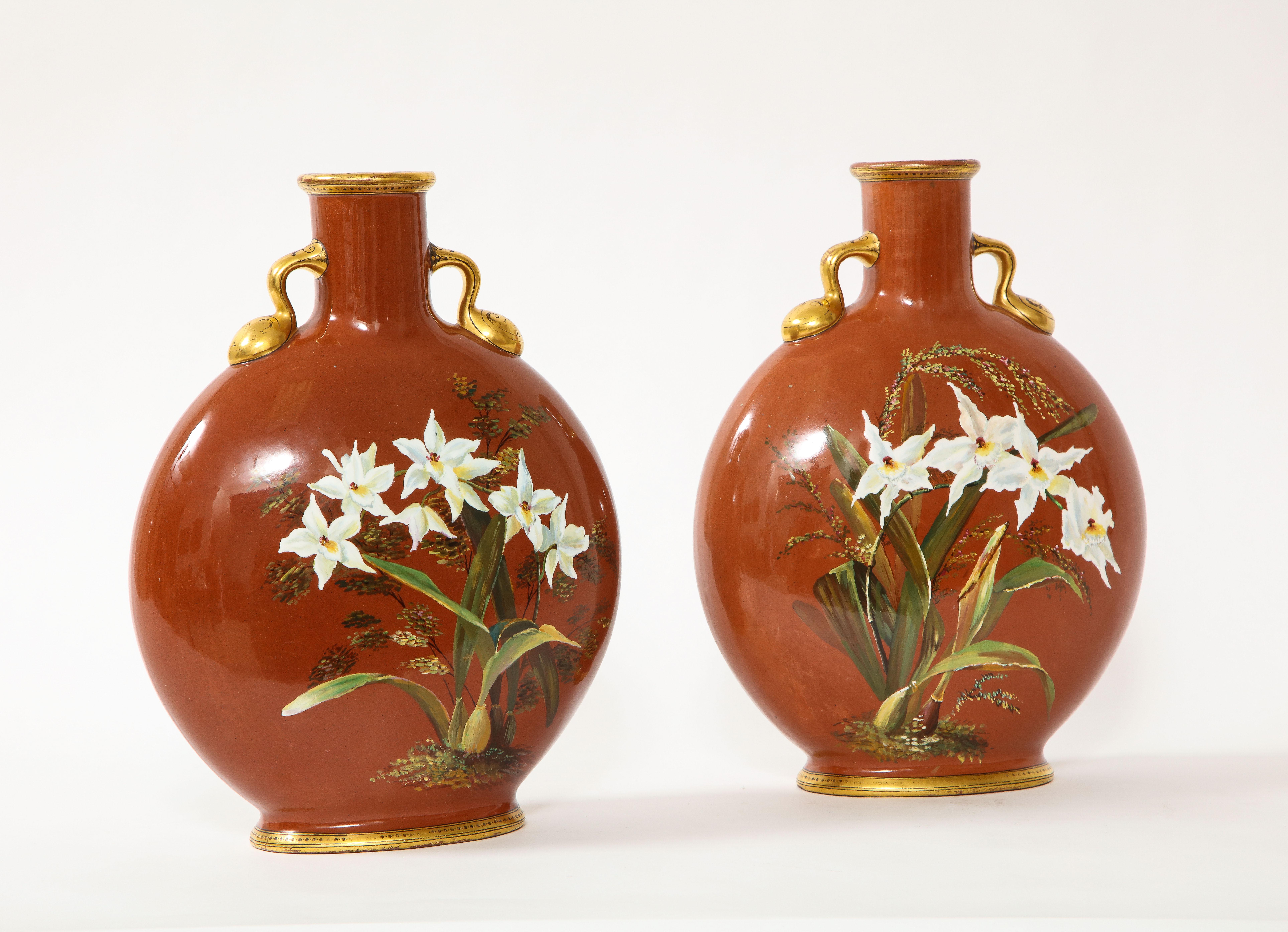 19th Century Pair of English Mintons Coral Ground Floral Motif Moon Flasks with Gilding For Sale