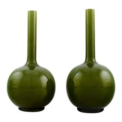 Pair of English Narrow Necked Vases in Green Glazed Ceramics, 1920s-1930s
