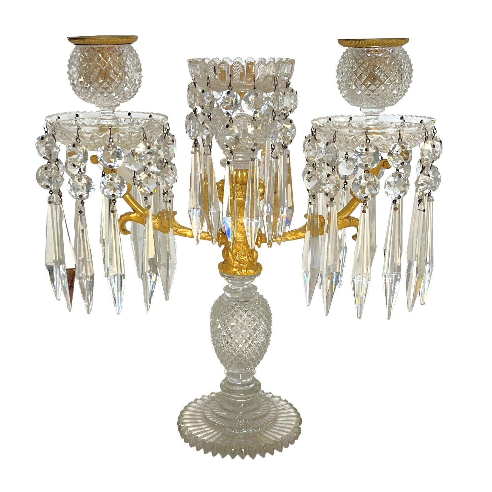 A Pair Of English Regency Ormolu and Cut Glass Candelabra, attributed to Blades In Good Condition For Sale In New York, NY