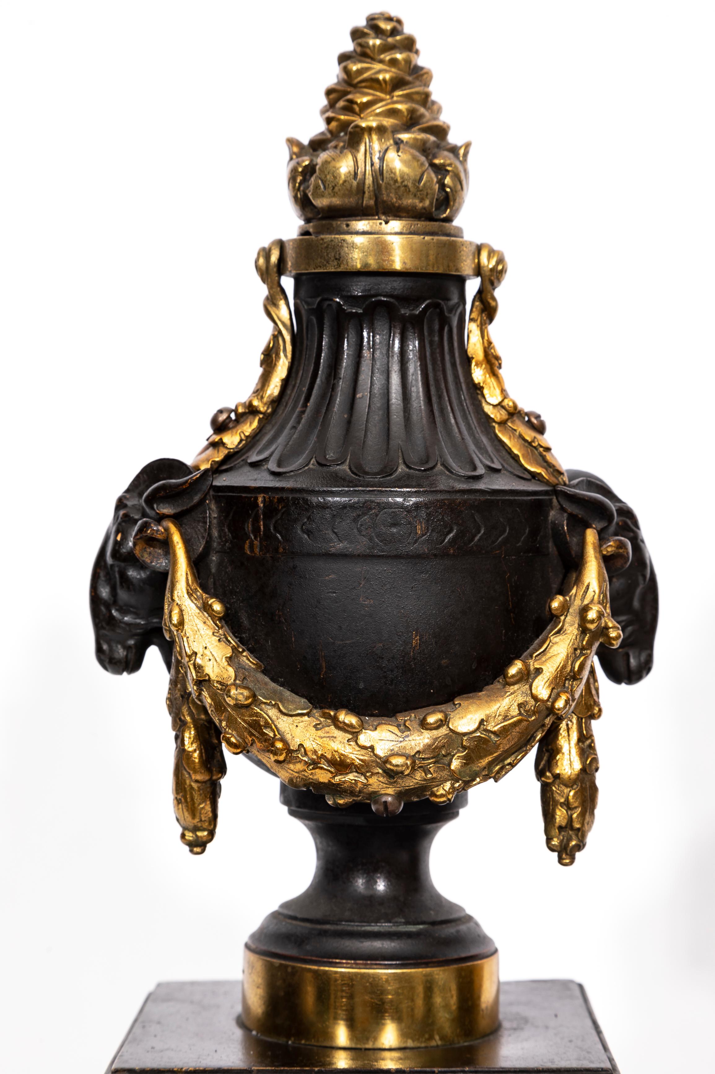 A Pair of English Regency Patinated and Ormolu Rams Head Andirons For Sale 6
