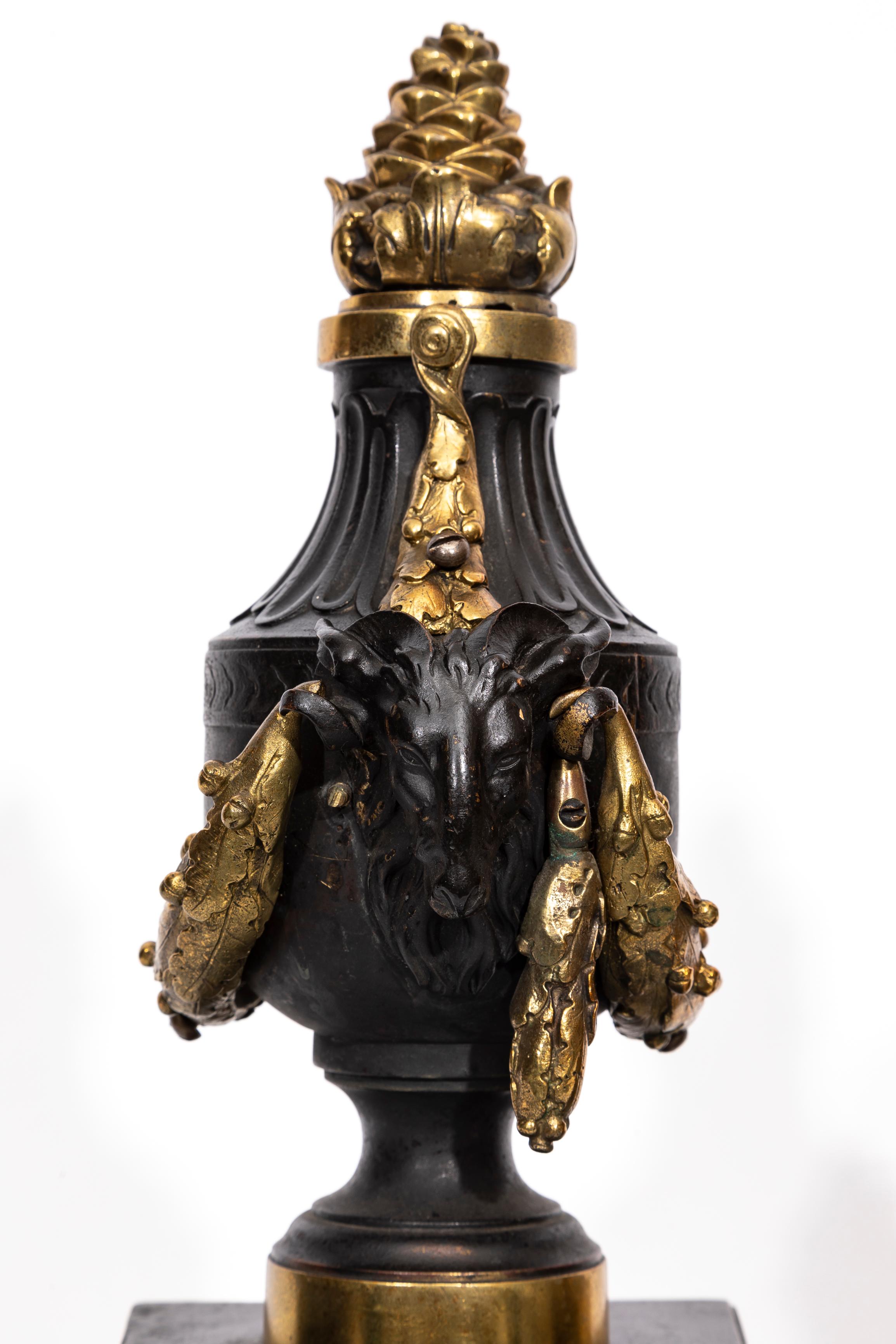 A Pair of English Regency Patinated and Ormolu Rams Head Andirons For Sale 7