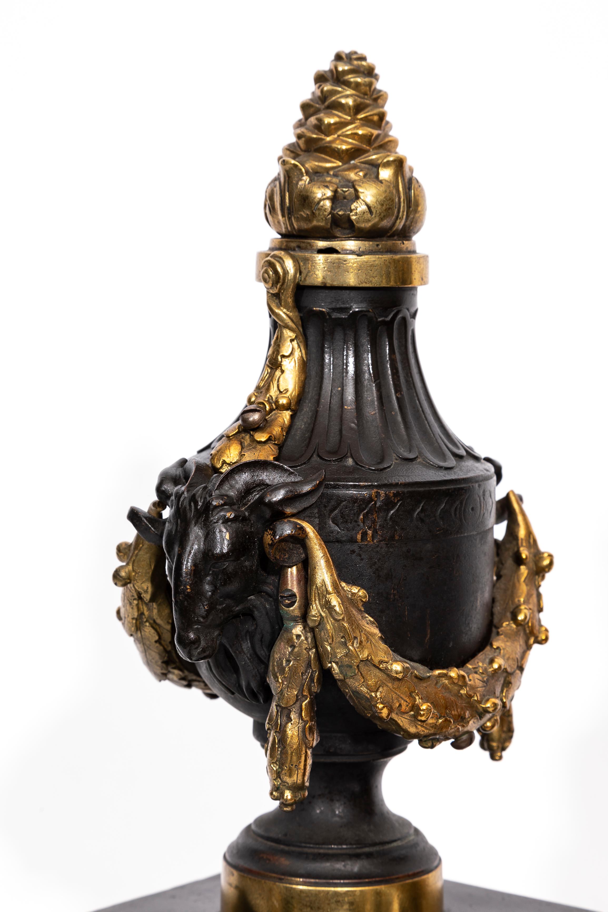 A Pair of English Regency Patinated and Ormolu Rams Head Andirons For Sale 8