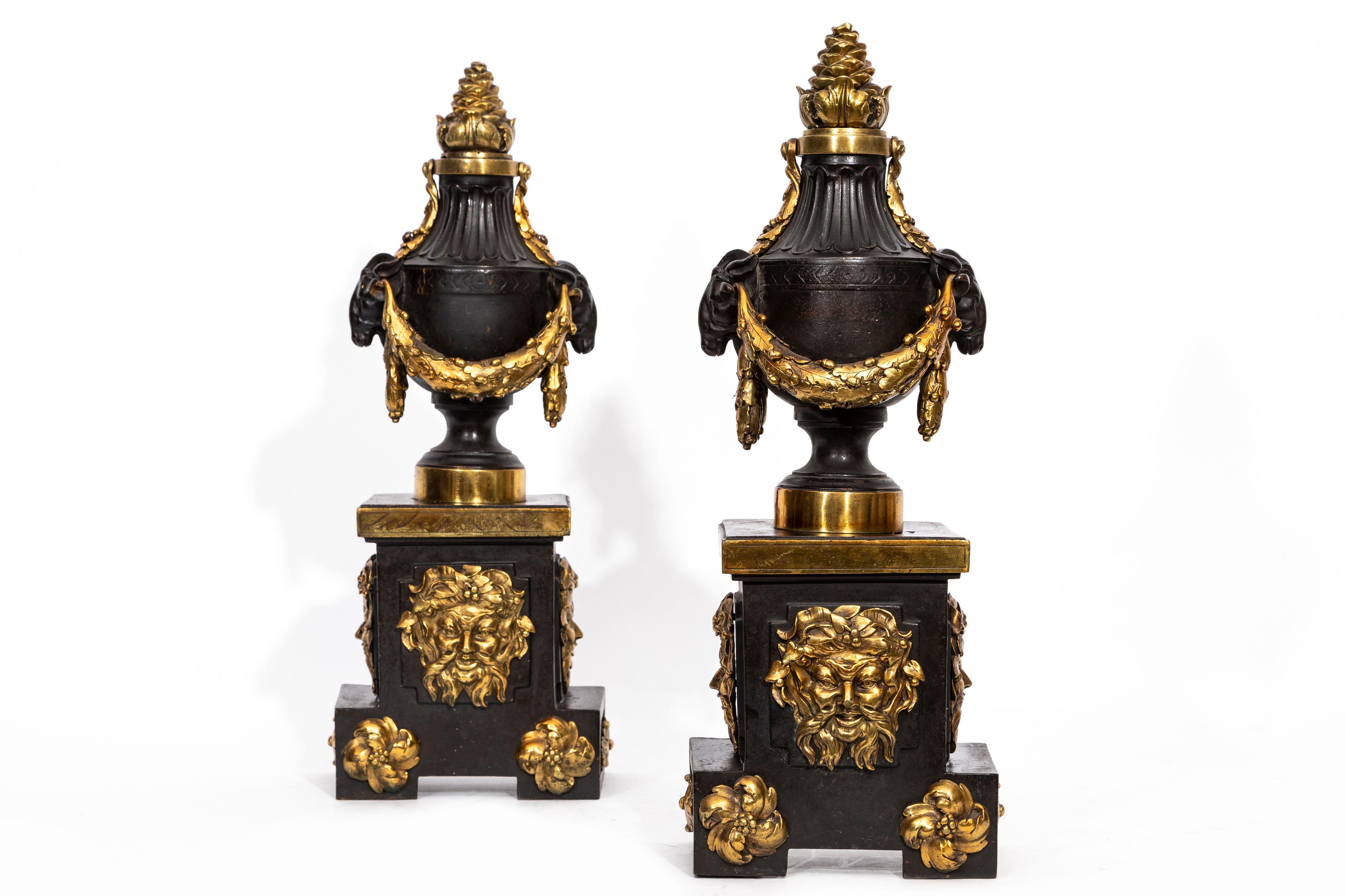 A Pair of English Regency Patinated and Ormolu Rams Head Andirons For Sale 9