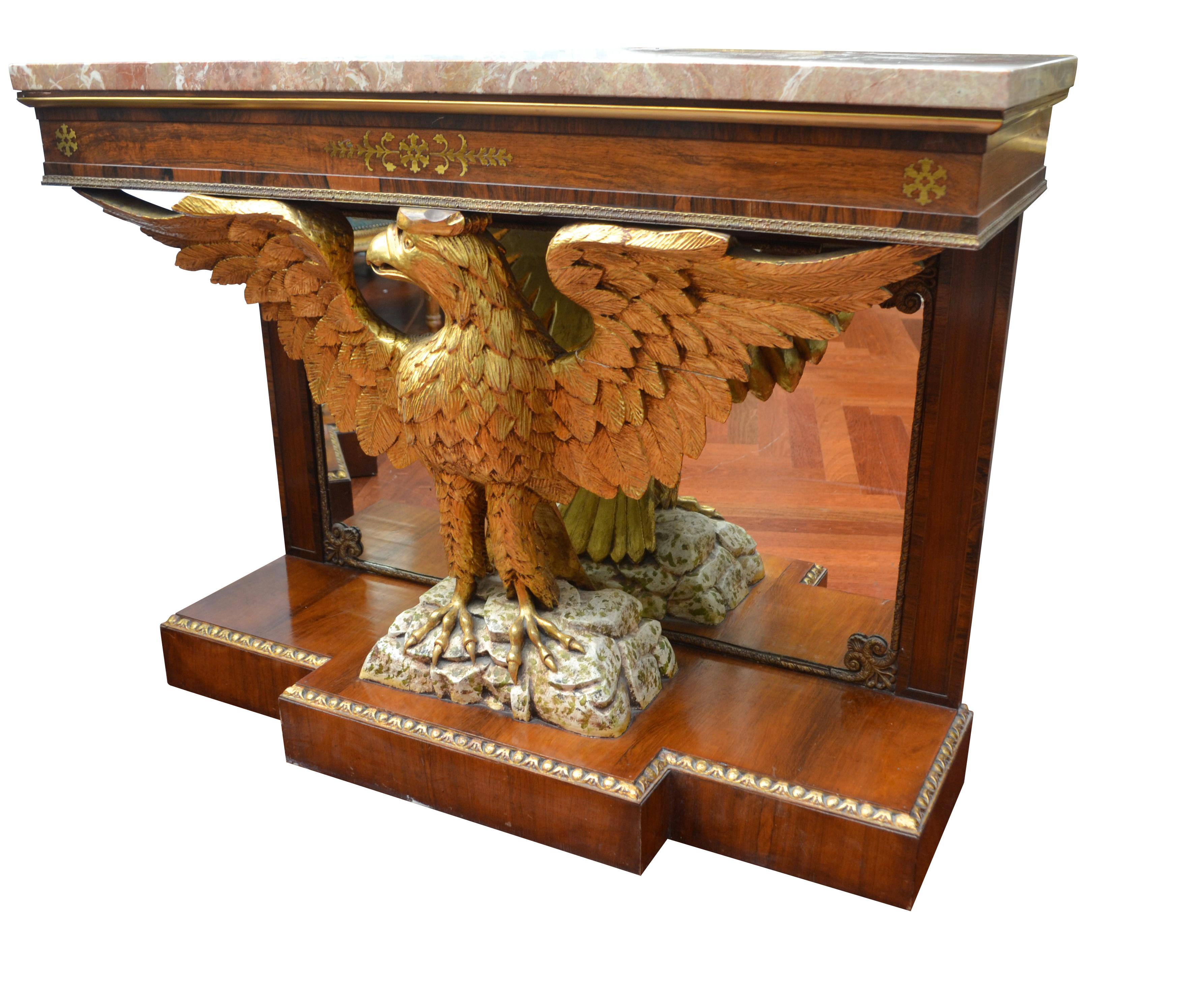 Hand-Crafted Pair of  Regency Revival Mahogany and Giltwood Eagle Pier Consoles