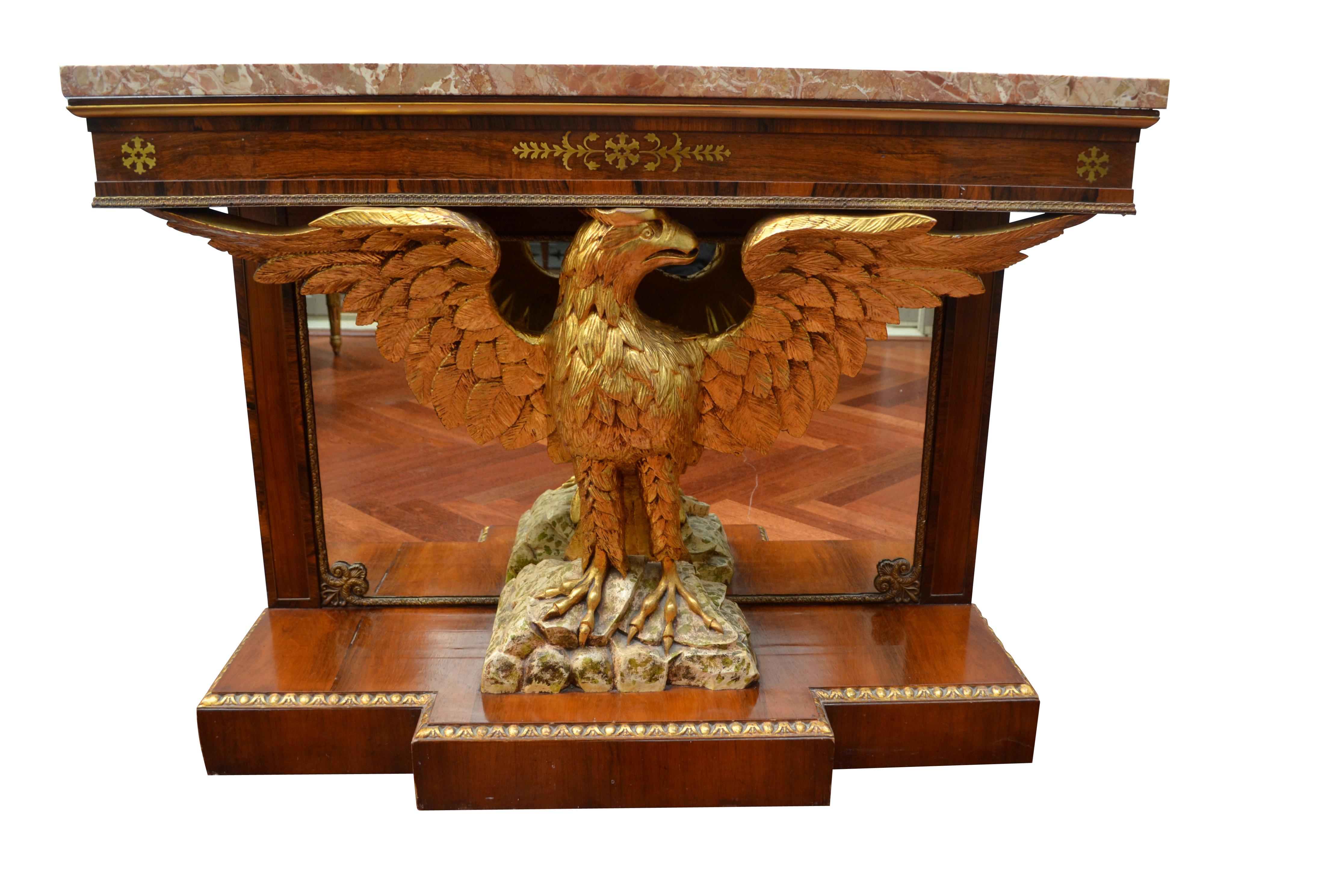 19th Century Pair of  Regency Revival Mahogany and Giltwood Eagle Pier Consoles