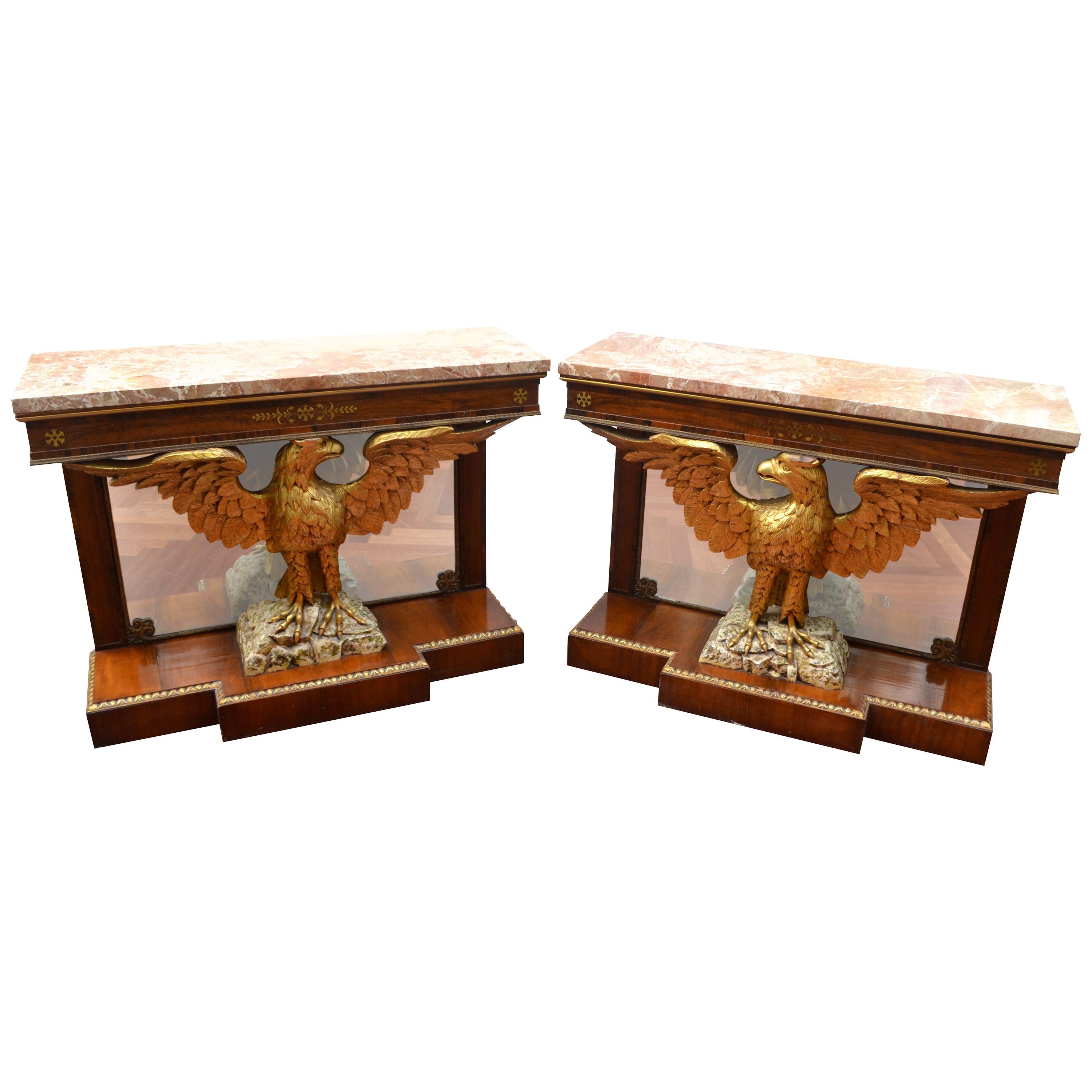 Pair of  Regency Revival Mahogany and Giltwood Eagle Pier Consoles