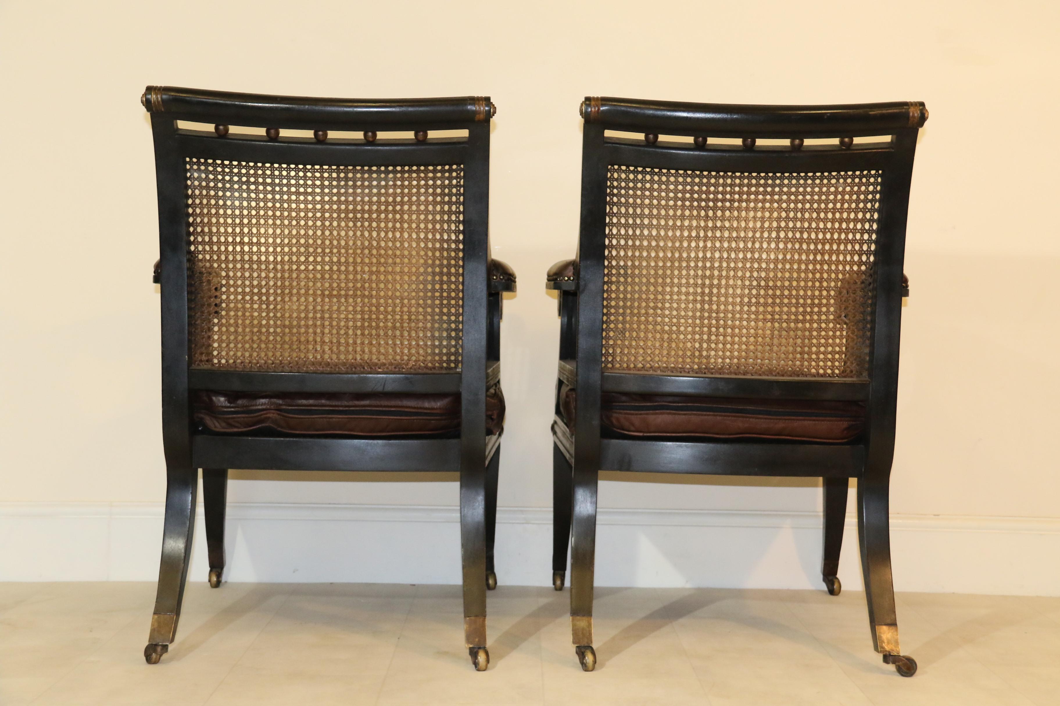 Pair of English Regency Style Ebonized and Gilt Library Chairs For Sale 1