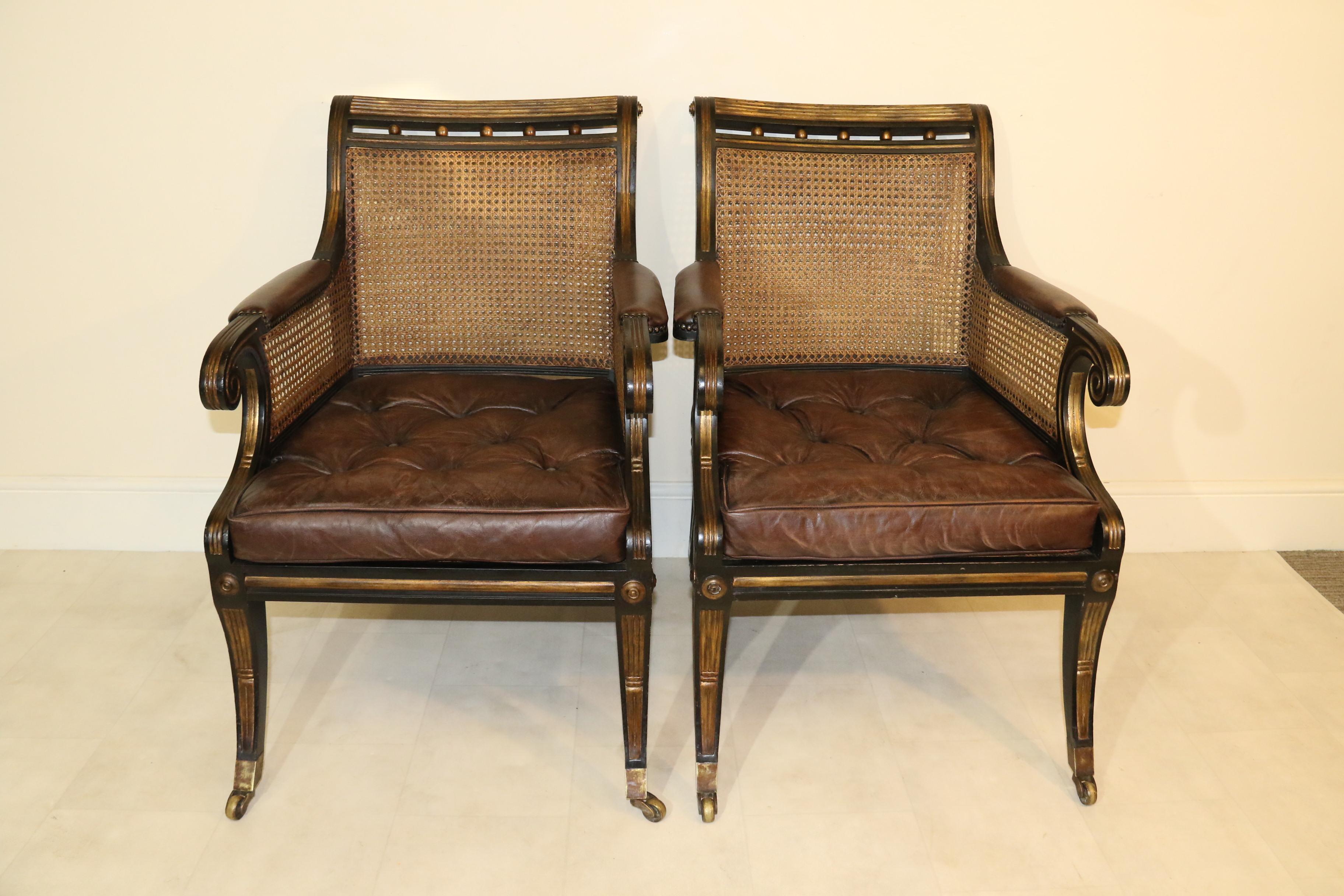 Pair of English Regency Style Ebonized and Gilt Library Chairs For Sale 2