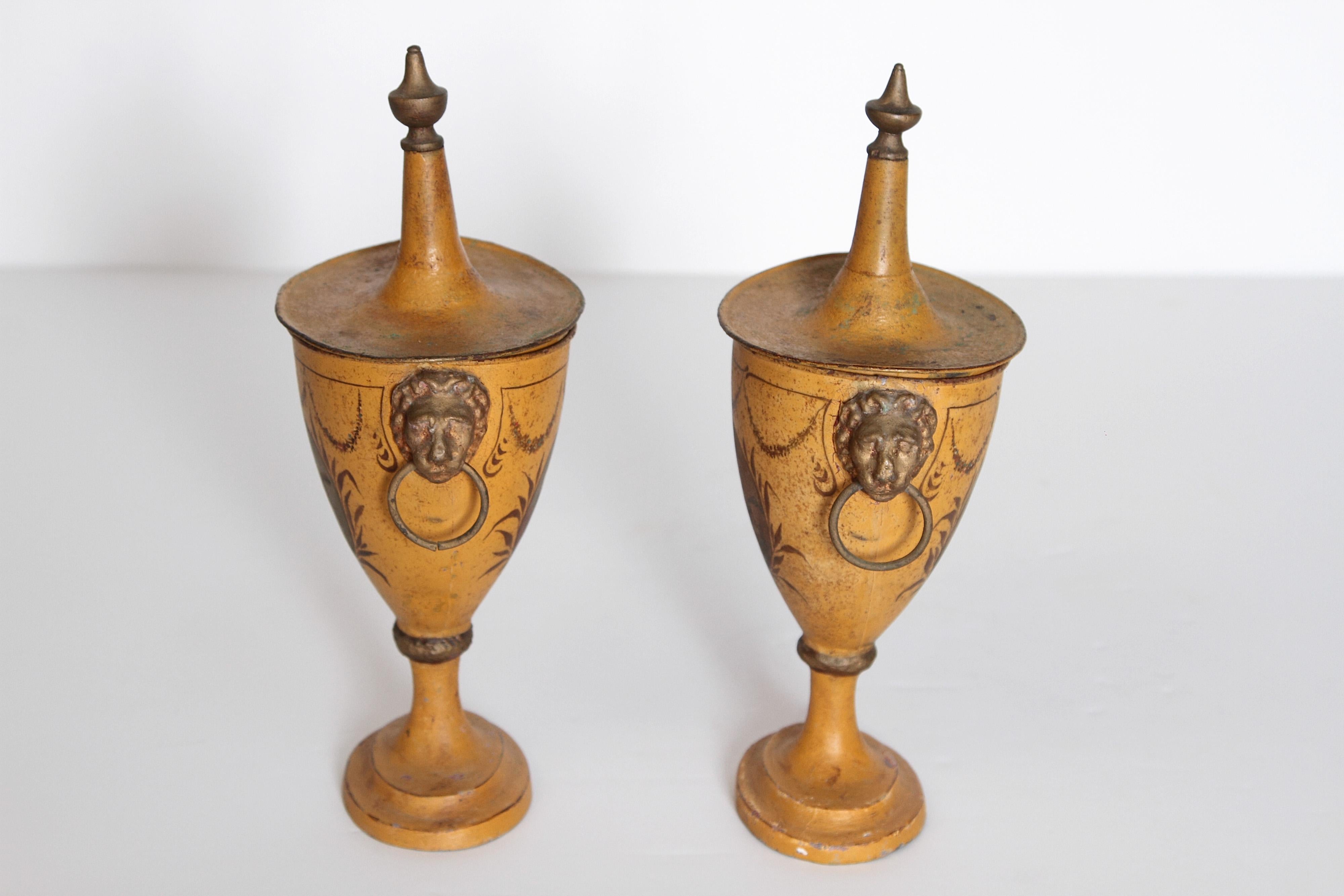 Hand-Painted Pair of English Regency Tole Painted Chestnut Urns