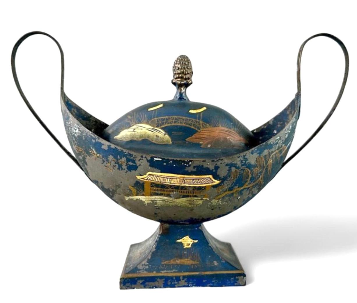 Metal A Pair of English Regency Tole Painted Chestnut Urns
