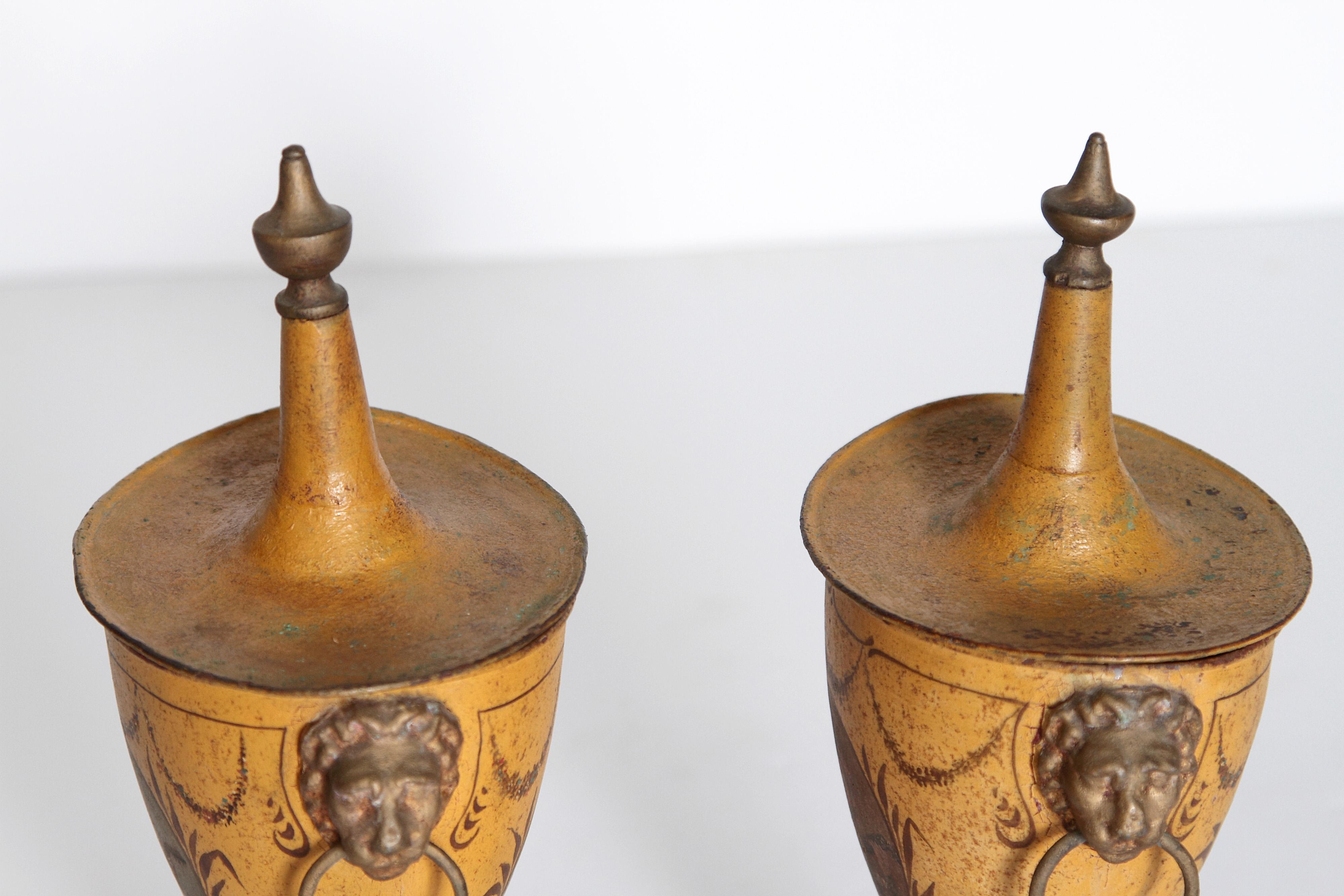 Metal Pair of English Regency Tole Painted Chestnut Urns