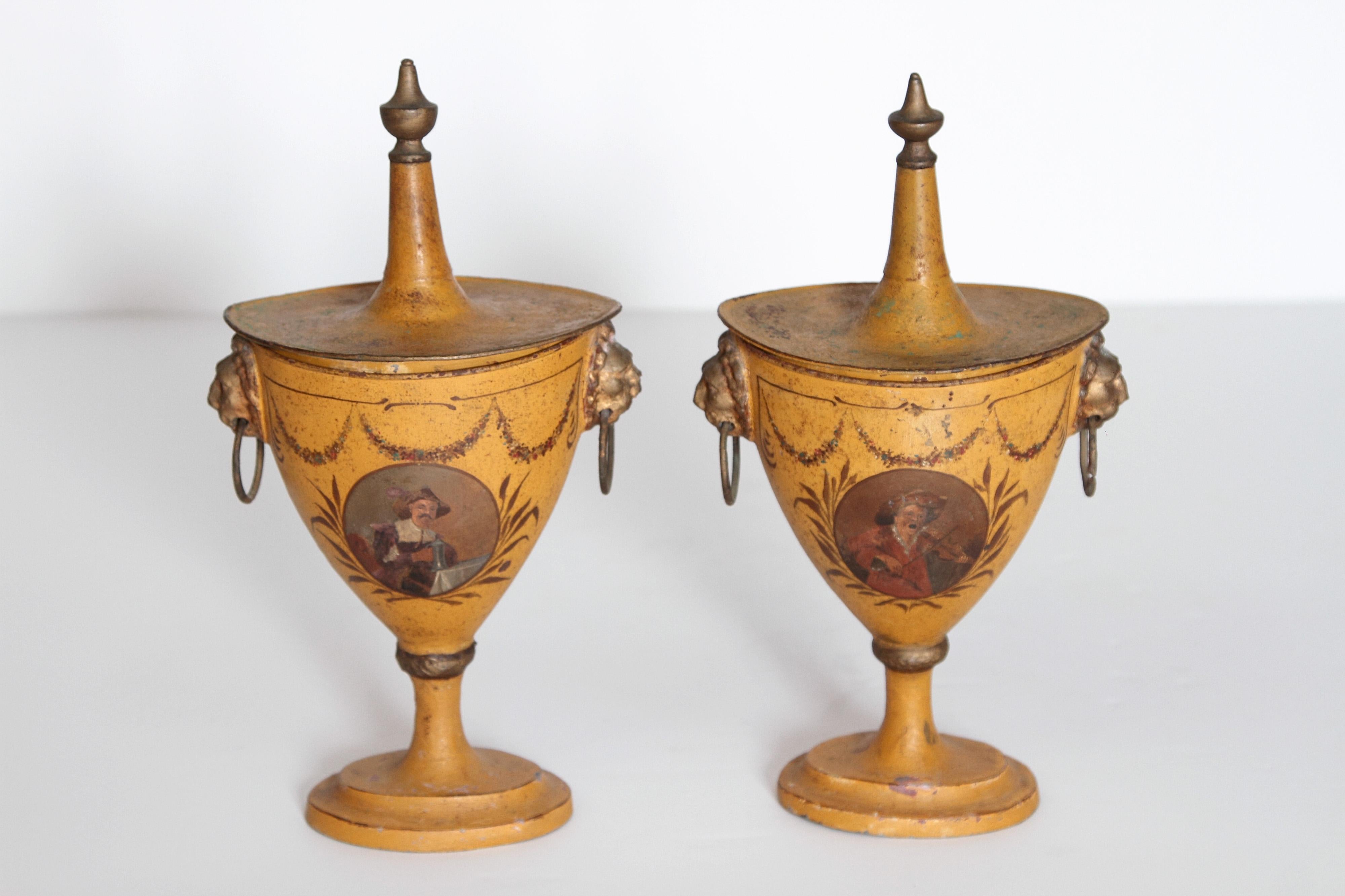 Pair of English Regency Tole Painted Chestnut Urns 1
