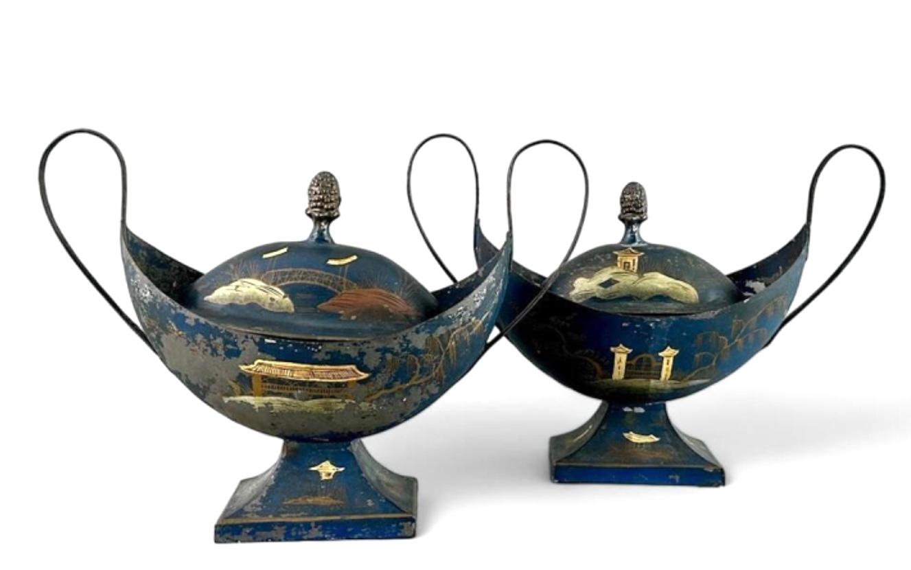 A Pair of English Regency Tole Painted Chestnut Urns 3