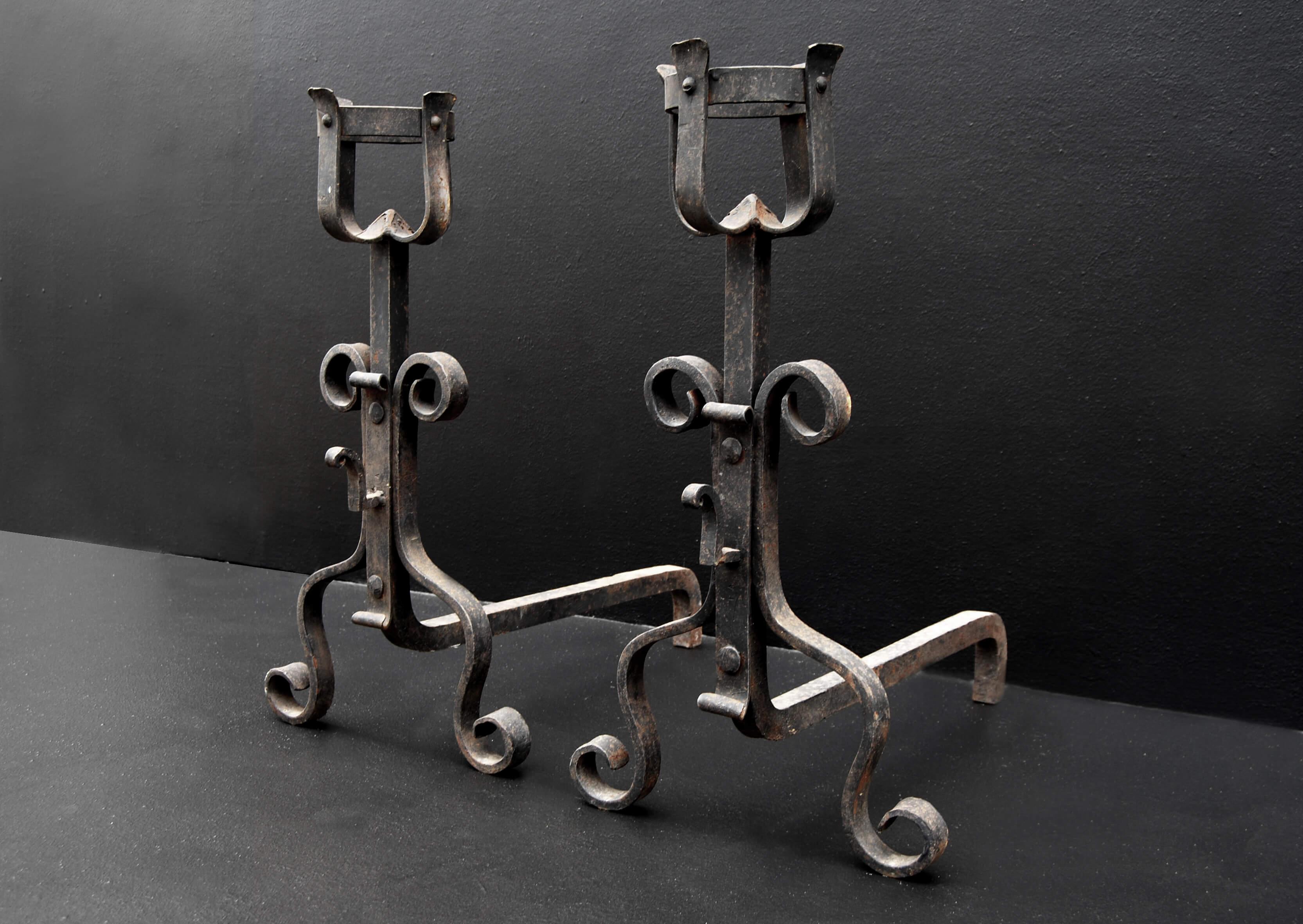 20th Century Pair of English Scrolled Firedogs Andirons For Sale