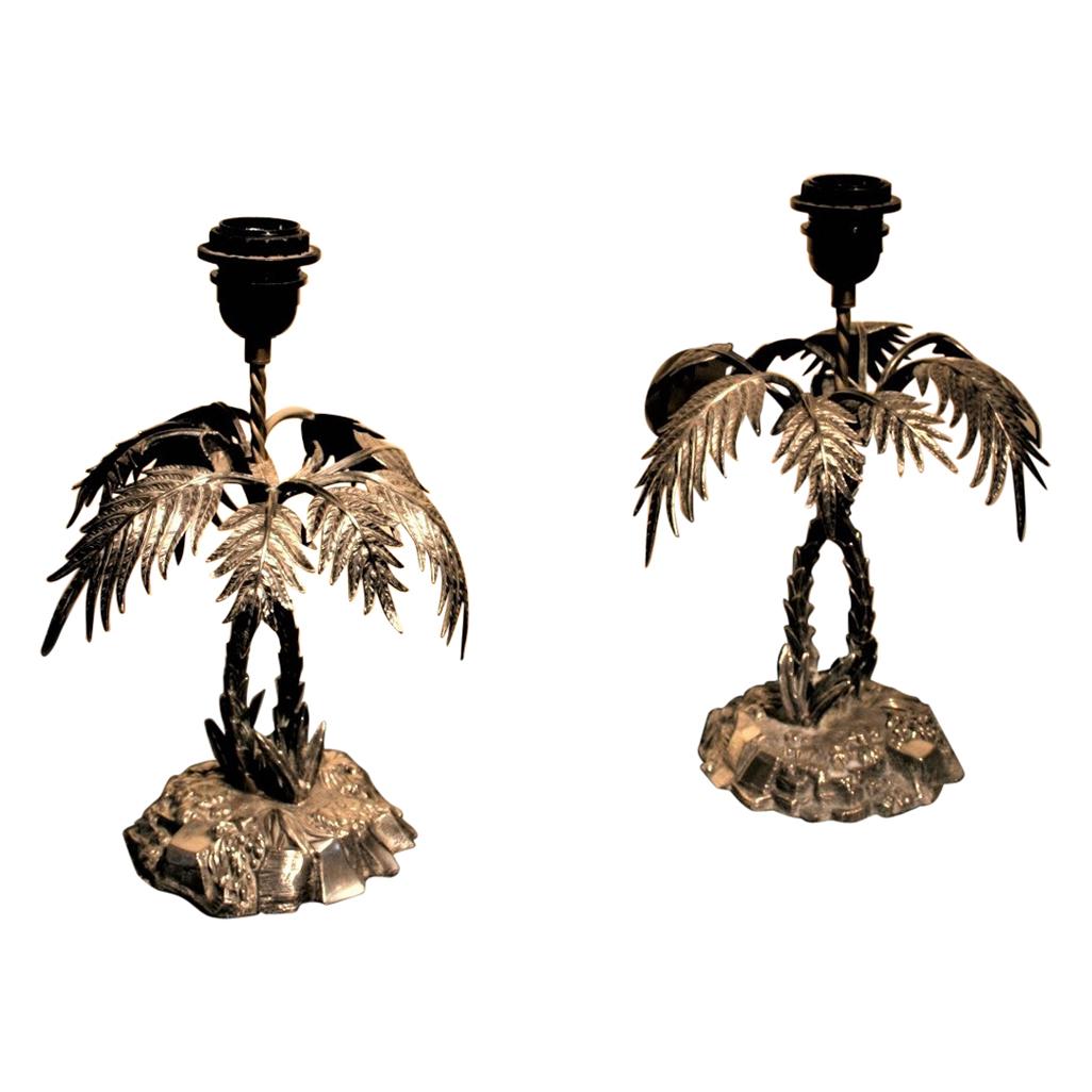 Pair of English Silver Plated Palm Tree Lamps For Sale