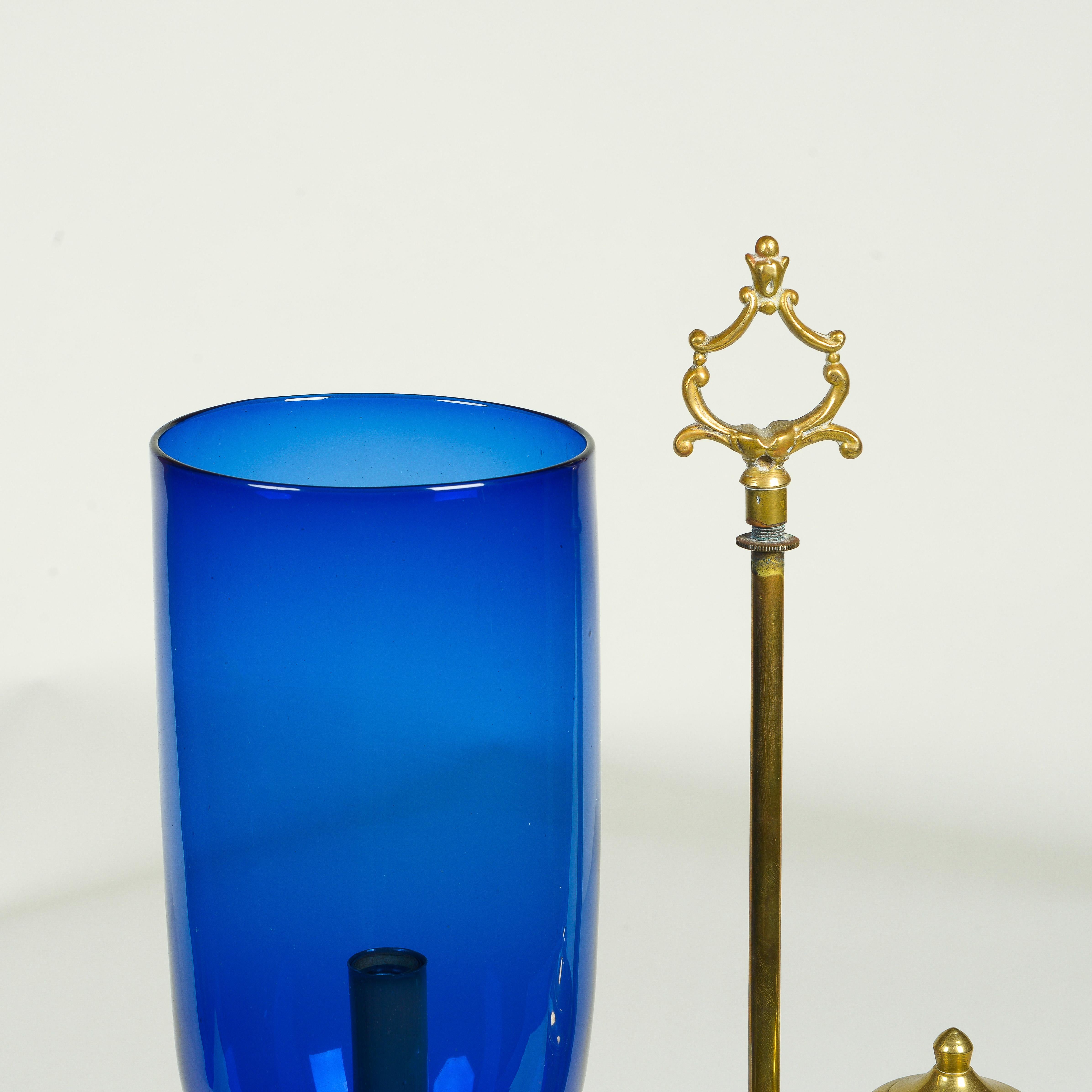 A Pair of English Student Brass Lamps with Blue Hurricane Shades 6