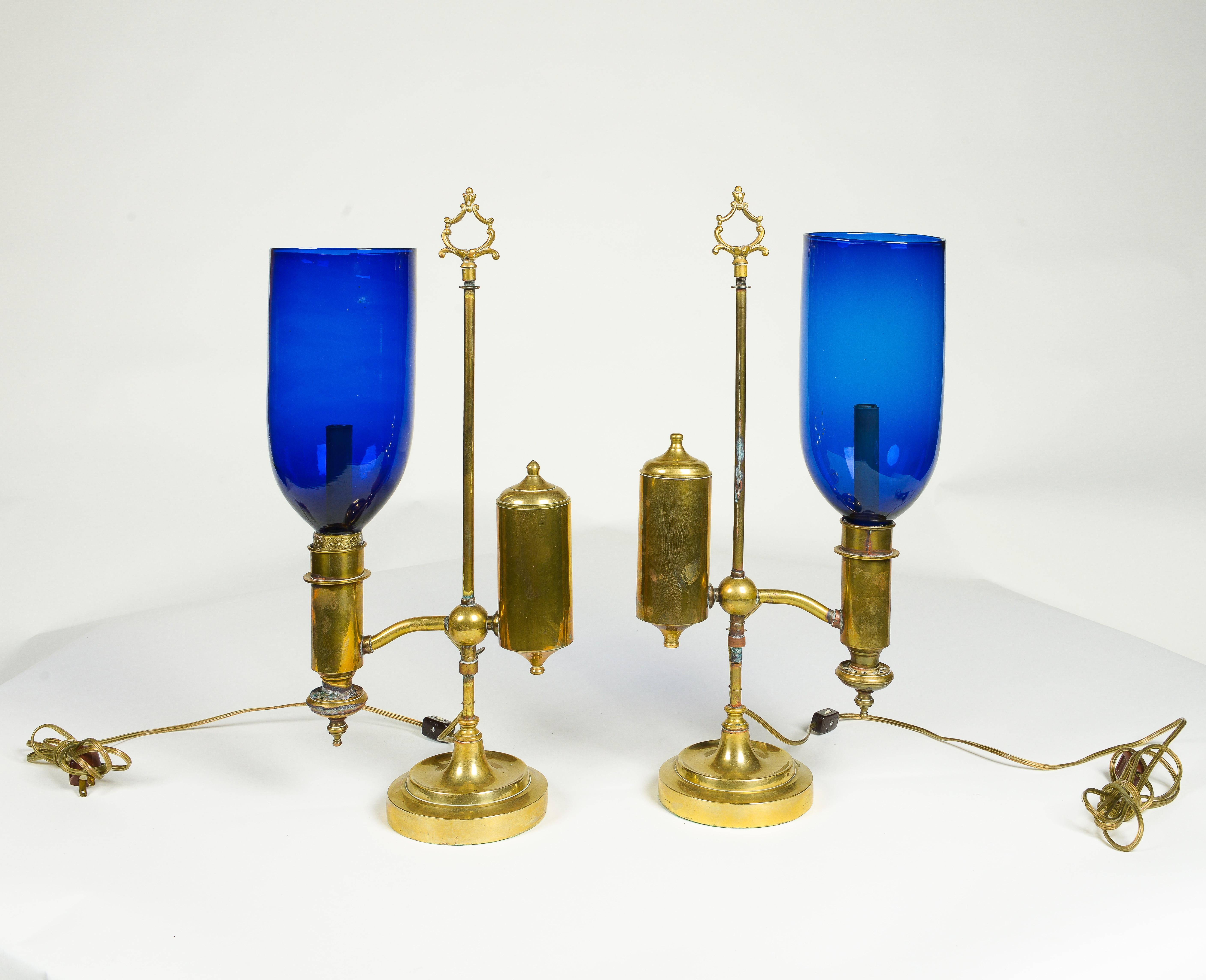 A Pair of English Student Brass Lamps with Blue Hurricane Shades In Good Condition In New York, NY