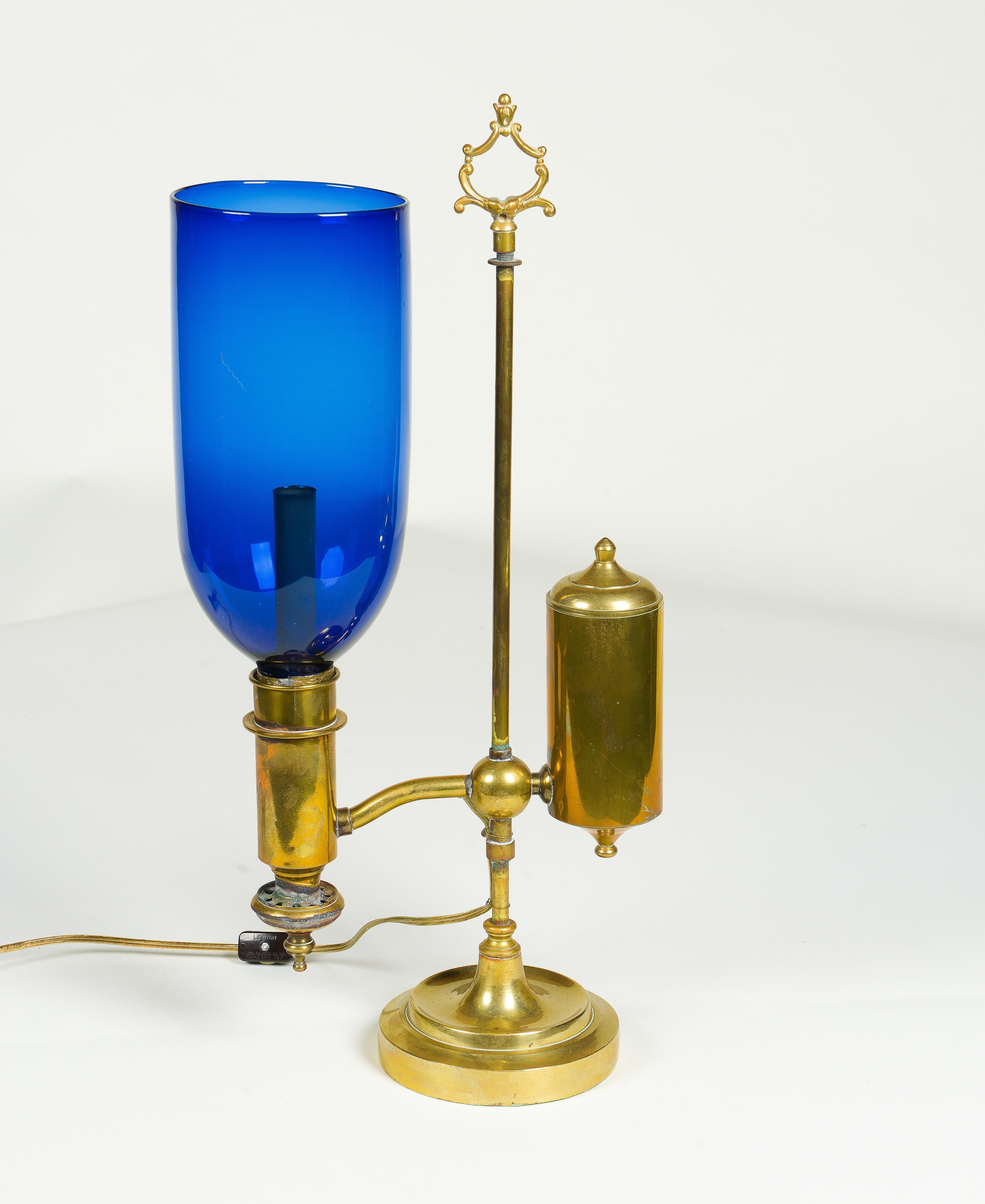 19th Century A Pair of English Student Brass Lamps with Blue Hurricane Shades