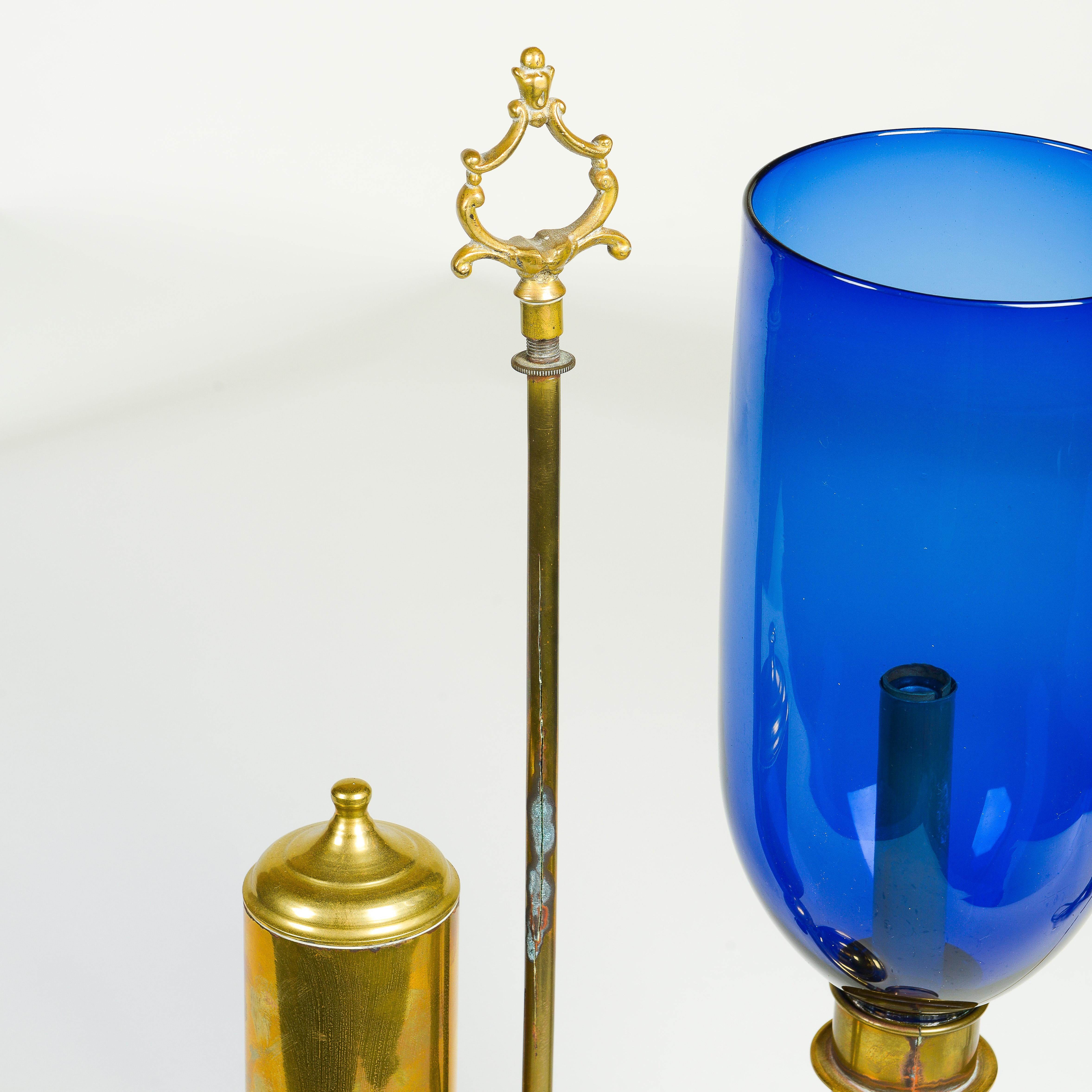 A Pair of English Student Brass Lamps with Blue Hurricane Shades 4