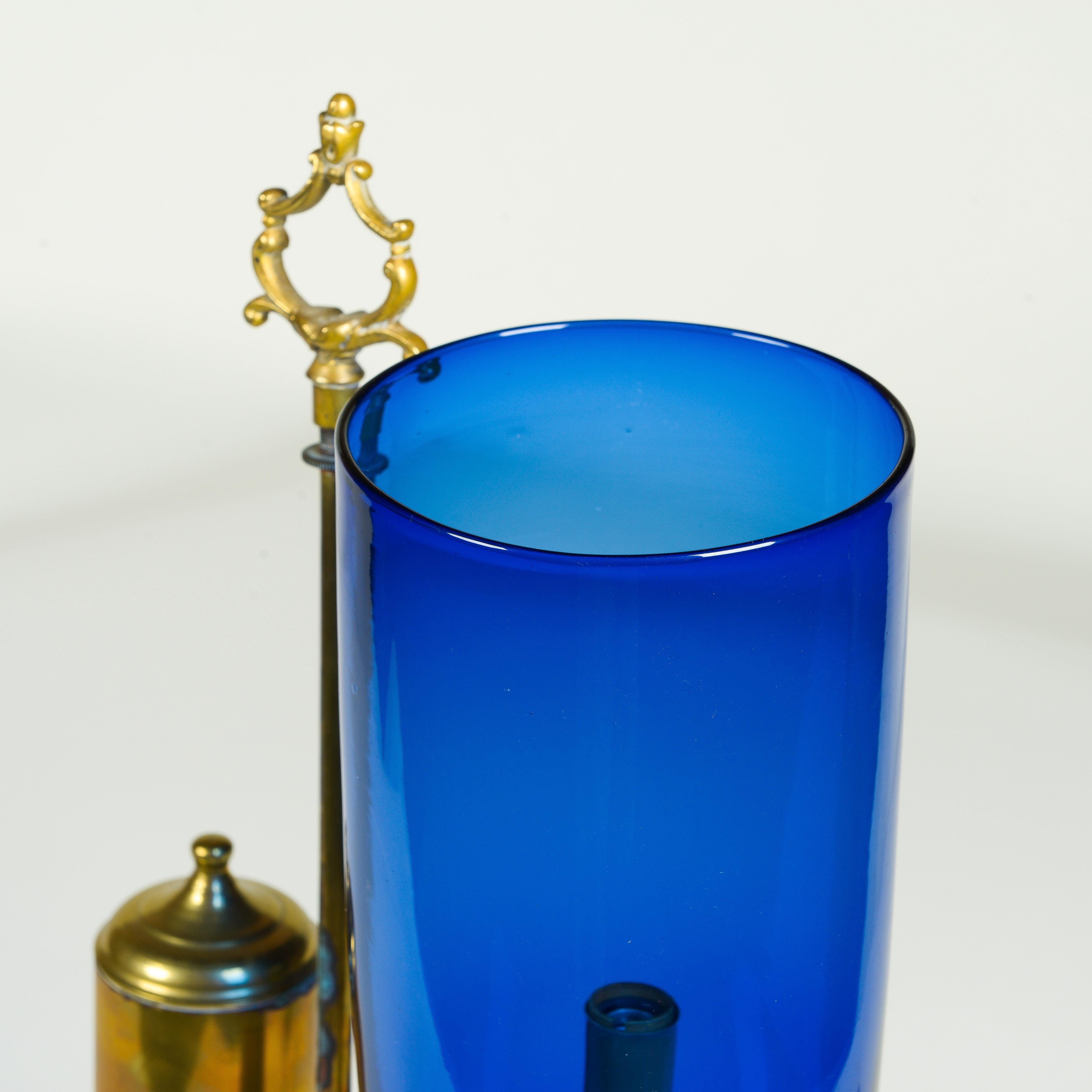 A Pair of English Student Brass Lamps with Blue Hurricane Shades 5