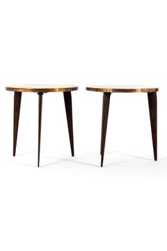 A Pair of English Vintage Copper Top Cocktail Tables With Rosewood Tri- Legs