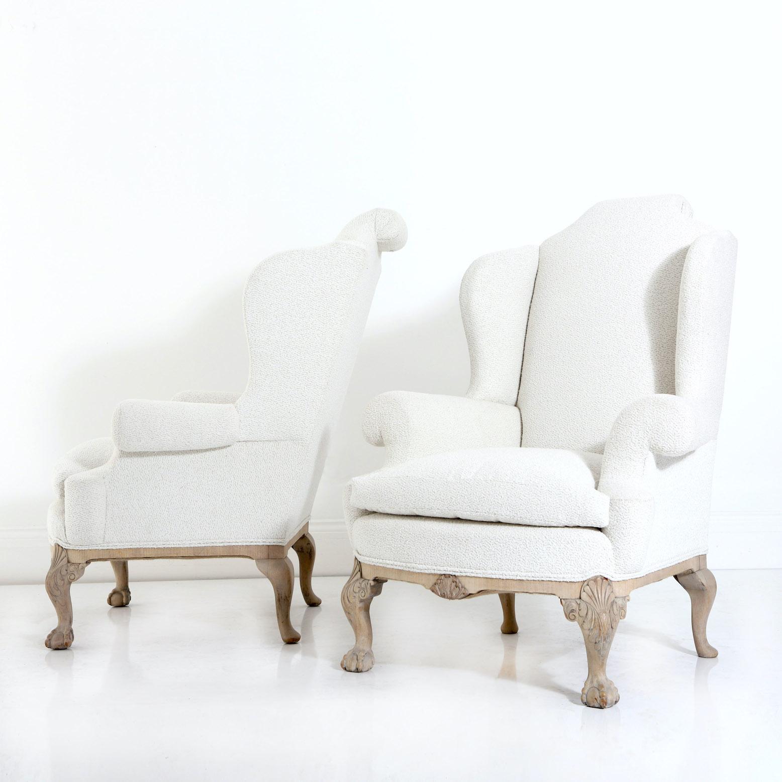 Vagabond Antiques presents a pair of english wing back armchairs

England, Circa 1920

” A classic pair of Queen Anne style wing armchairs reinvented in a soft, clean boucle fabric, with a soft contrast to the now bleach walnut frames, big