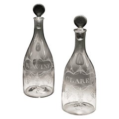 Pair of Engraved Tapered Georgian Decanters Labelled W,Wine & Claret