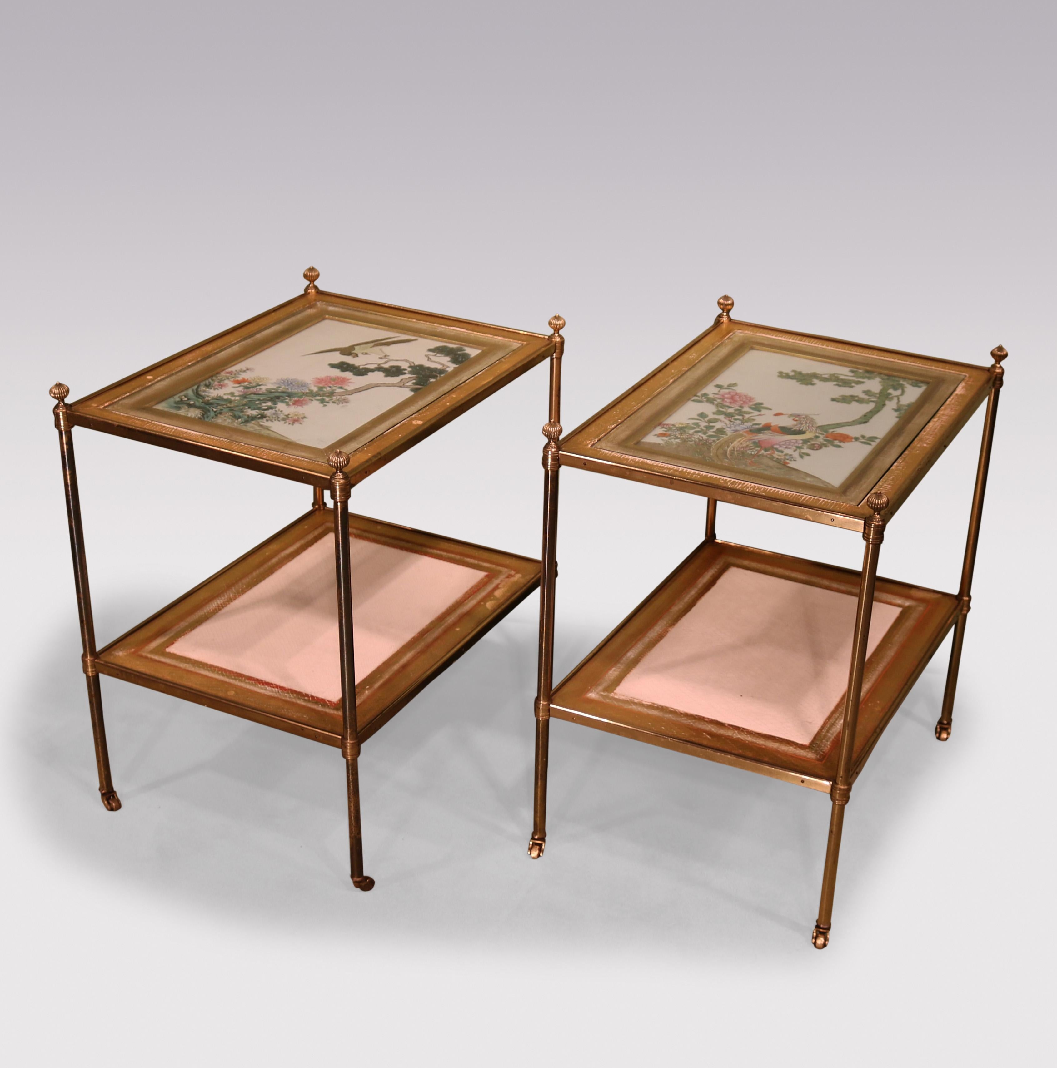 A pair of “Mallett Etageres” 2-tier Side Tables, having mid-19th century Famille Rose plaques depicting peonies, trees & exotic birds.