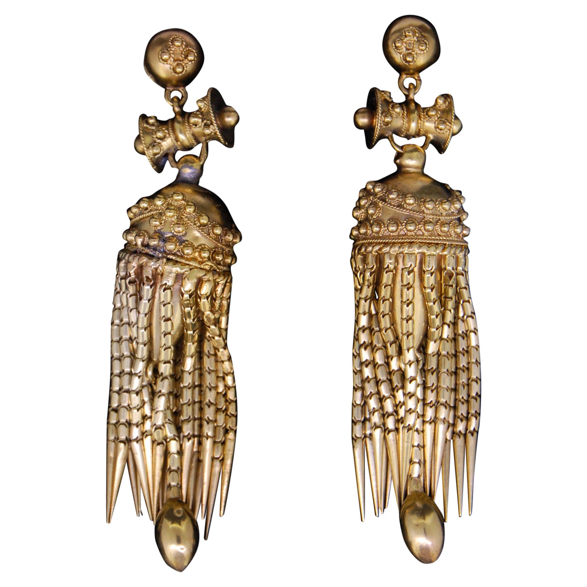 Pair of Etruscan Style Pendant Earrings, circa 1870 For Sale